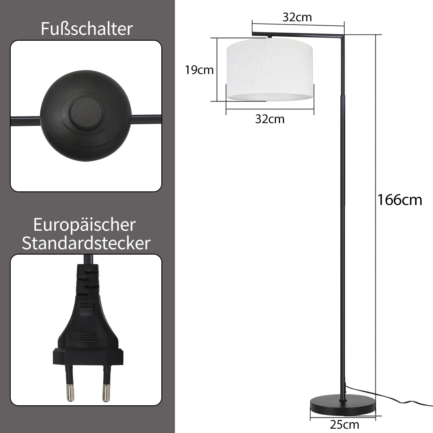 ZMH Lampa podłogowa Nowoczesna lampa podłogowa do salonu: Lampa do czytania | Sypialnia Gniazdo E27 Max 40W Lampa podłogowa Przełącznik nożny Projekt abażuru 166cm Sypialnia Hotel - bez żarówki