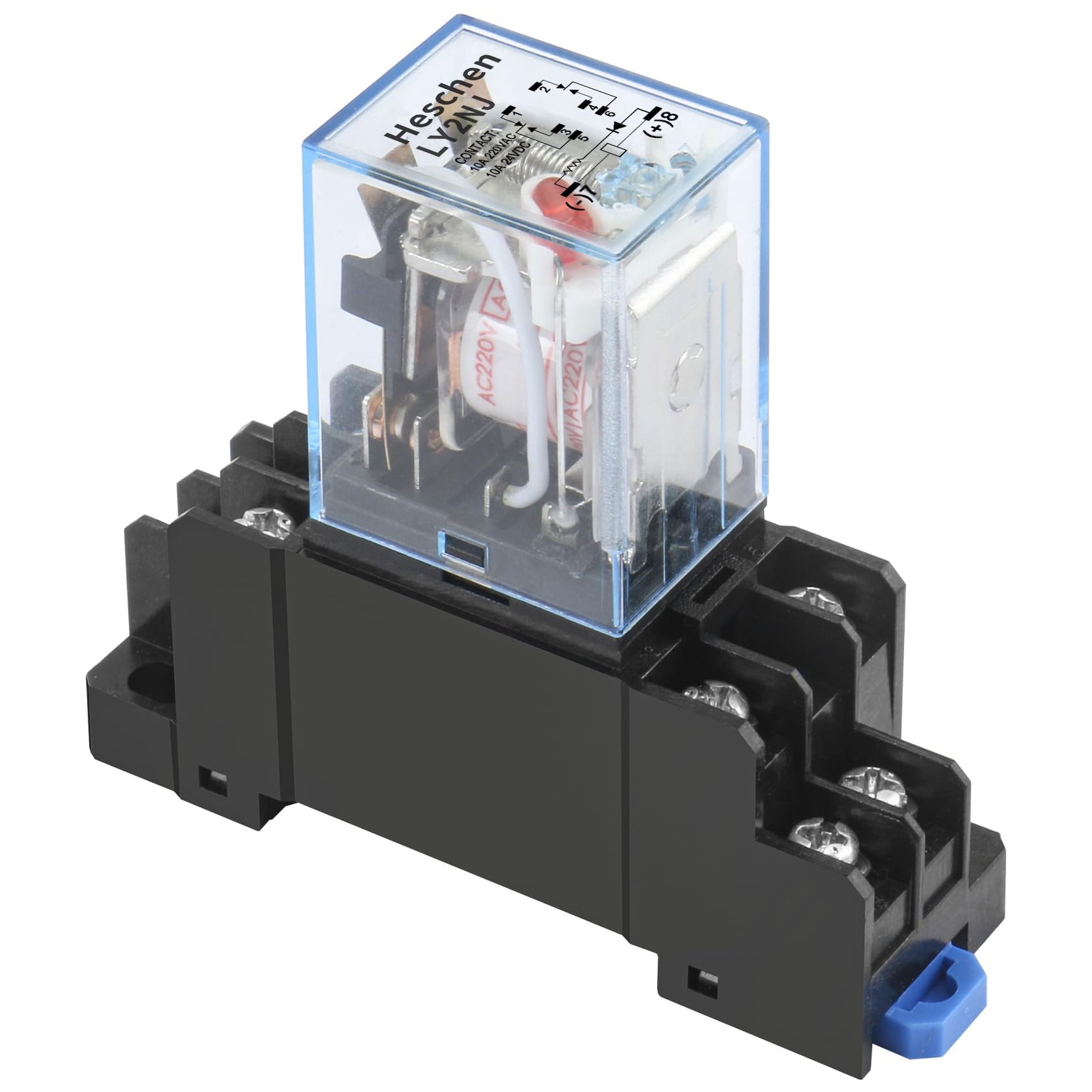 Heschen Relè per uso generico, LY2NJ, bobina 220VAC, 10A 24VDC/220VAC, DPDT, indicatore LED, con base a bussola