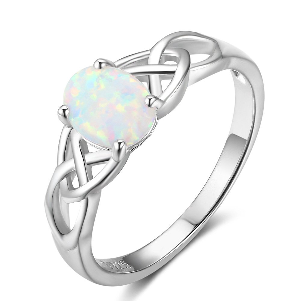 AcefeelOval Lab Created White Opal Celtic Knot 925 Sterling Silver Band Ring