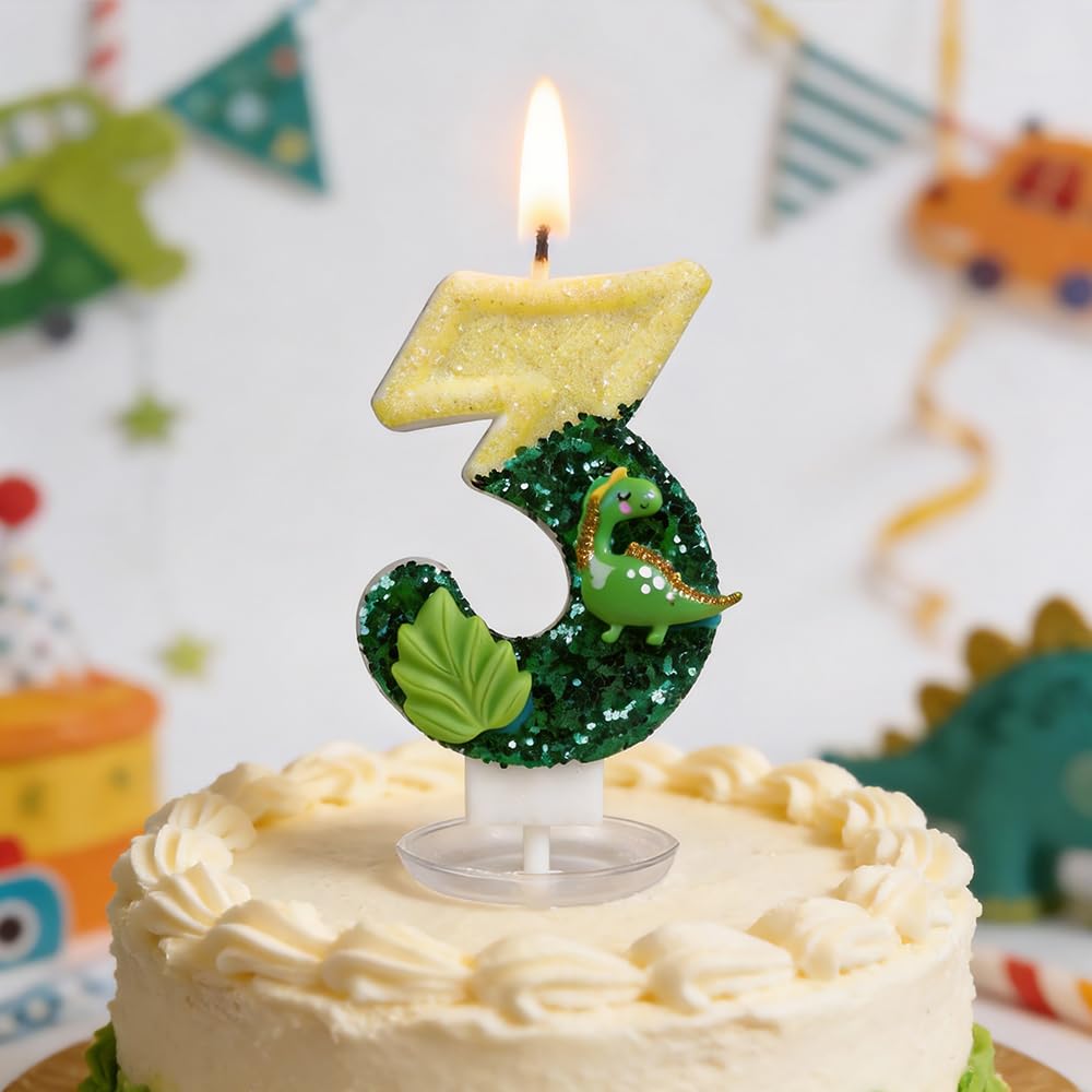 Hsc Green Dinosaur Number 3 Birthday Candles - Long Burning Non-Toxic Cake Candles For 3Rd Birthday Party Decorations, & Yellow Dinosaur Themed Candle For Kids