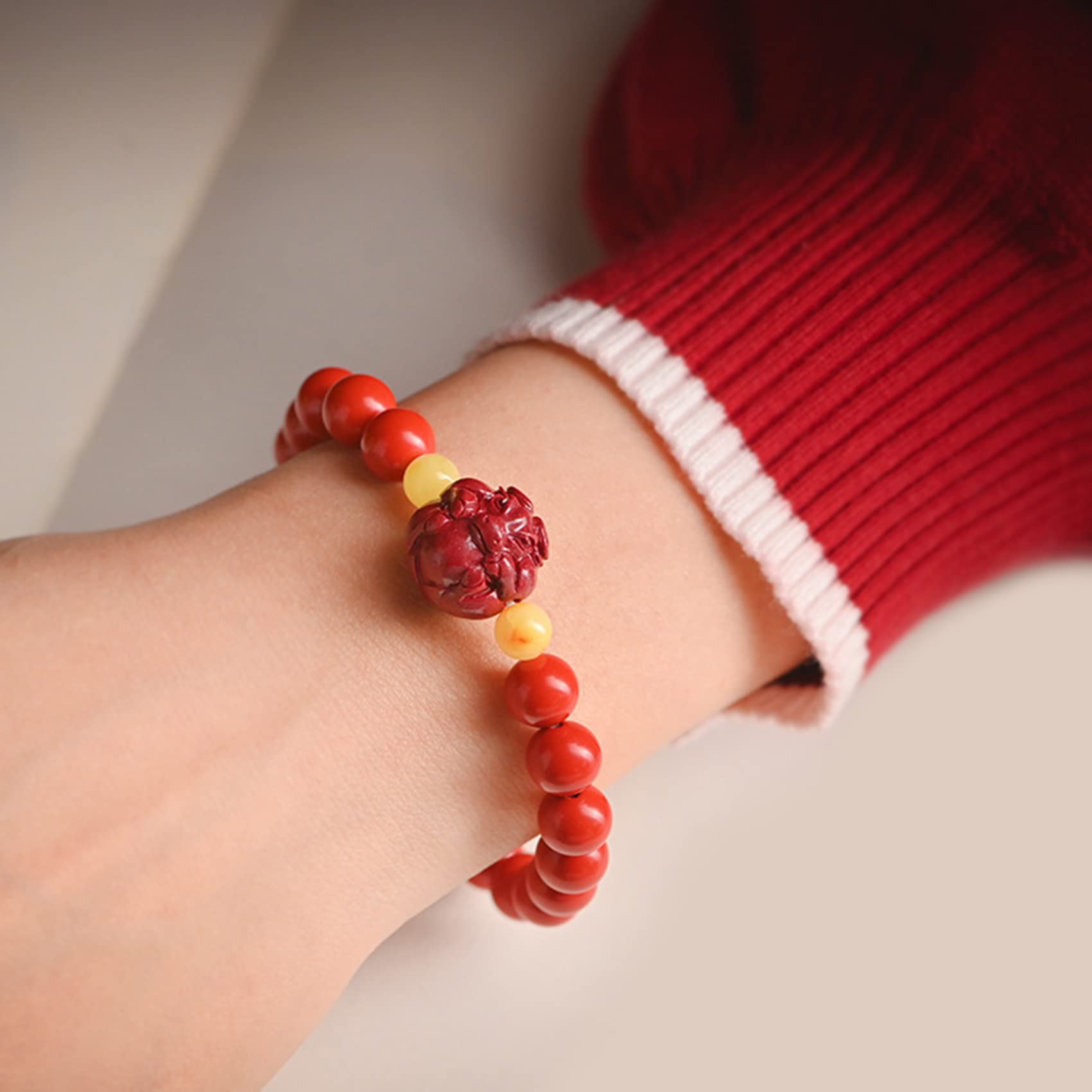 YDYDTTKD Bracciale con Pietre preziose Naturali, Braccialetto Cinese con Pietra Animale cinabro, amuleto da 8 mm, ricchezza, buona Fortuna, Quarzo Rosso, Anno di
