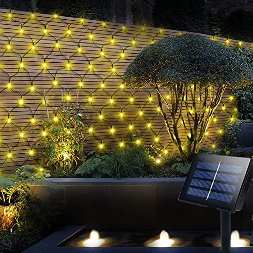 SUAVER Red de luces LED solares, impermeables, 200 luces LED, cortina de luz de 3 x 2 m, 8 modos, red decorativa para Navidad, jardín, fiesta, boda, dormitorio, color blanco cálido