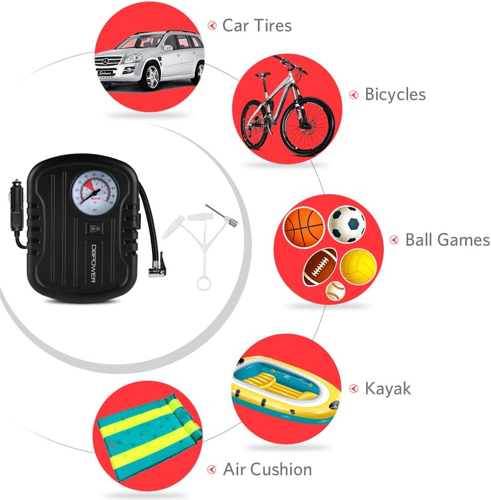 DBPOWER Portable Mini 12V Tire Inflator, Auto Air Compressor for Cars, Bikes, Motorcycles and Inflatables