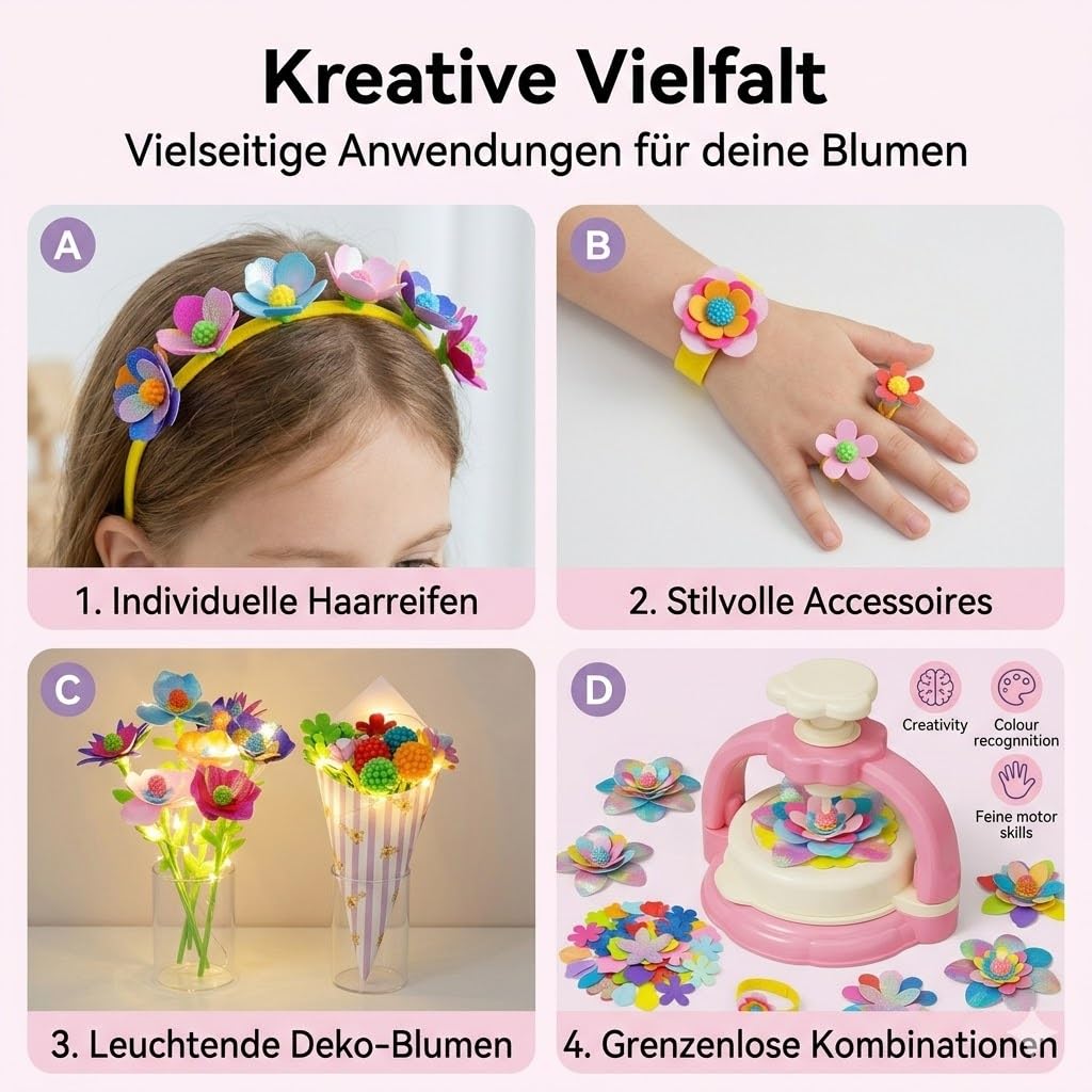 Blumenpresse Kinder mit doppelt so viel Zubehör, Geschenk Mädchen ab 4 5 6 Jahre, DIY Blumen Basteln für Haarreif Armband Ring,Blumenpresse Kinder