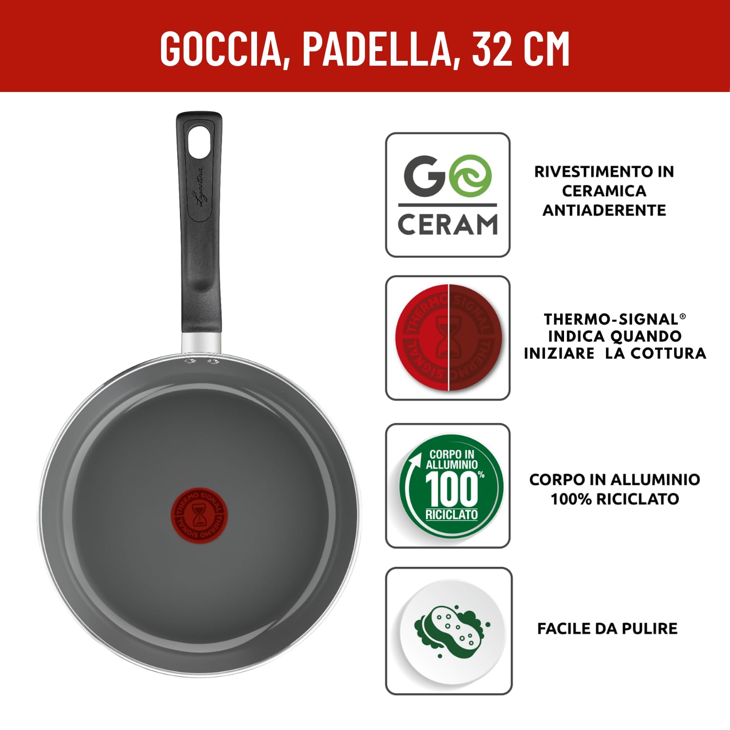 Lagostina Goccia Padella 32 cm, Rivestimento in Ceramica Antiaderente, Scorrevolezza Ottimale, Pulizia Facile, Thermo-Signal, Sicura, Compatibile con Induzione
