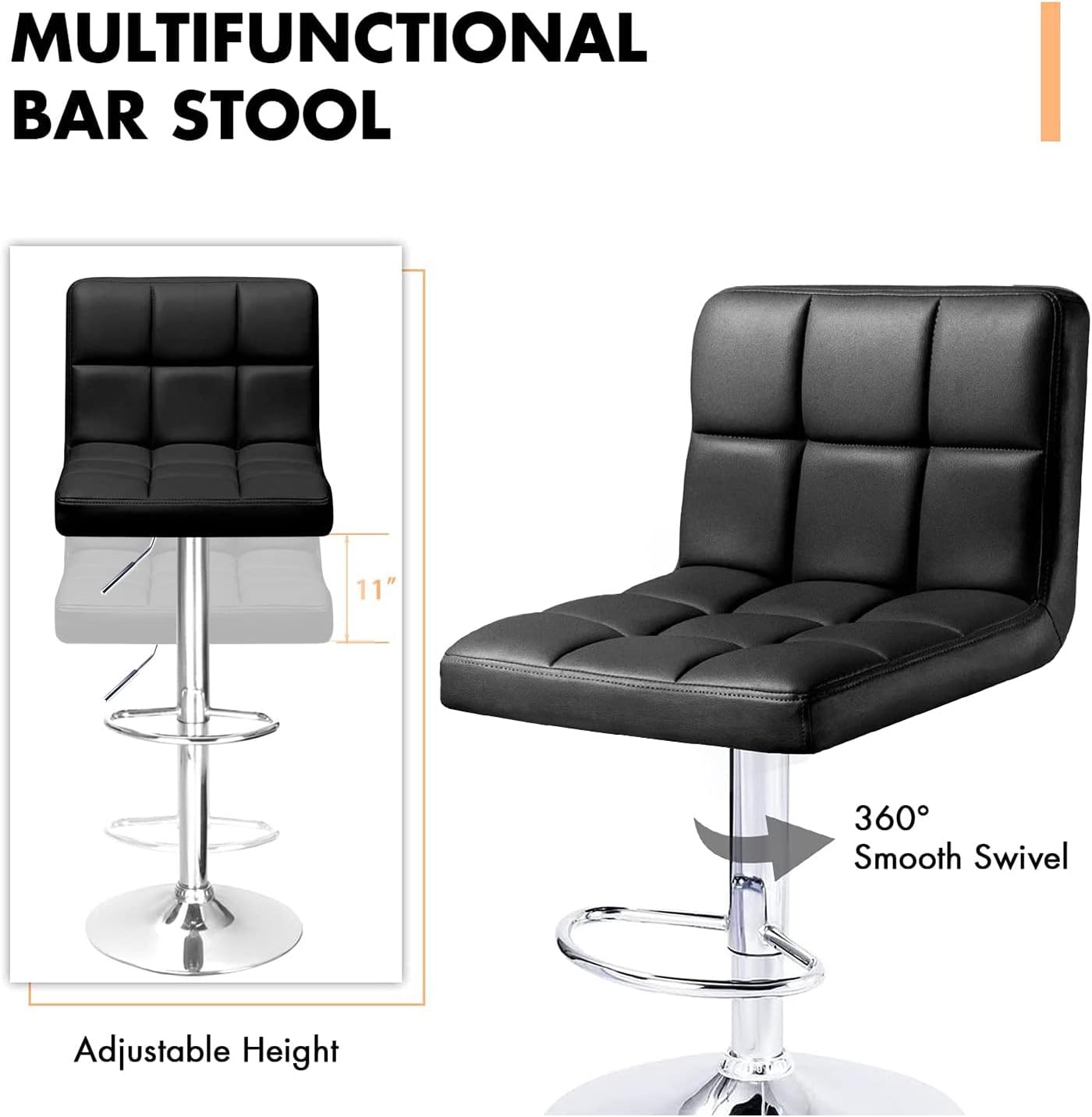 KaiMeng Bar Stools Modern Square Counter Height Barstool 22" to 33" PU Leather Swivel Adjustable Stool with Back Set of 2 for Kitchen Dining (Black)