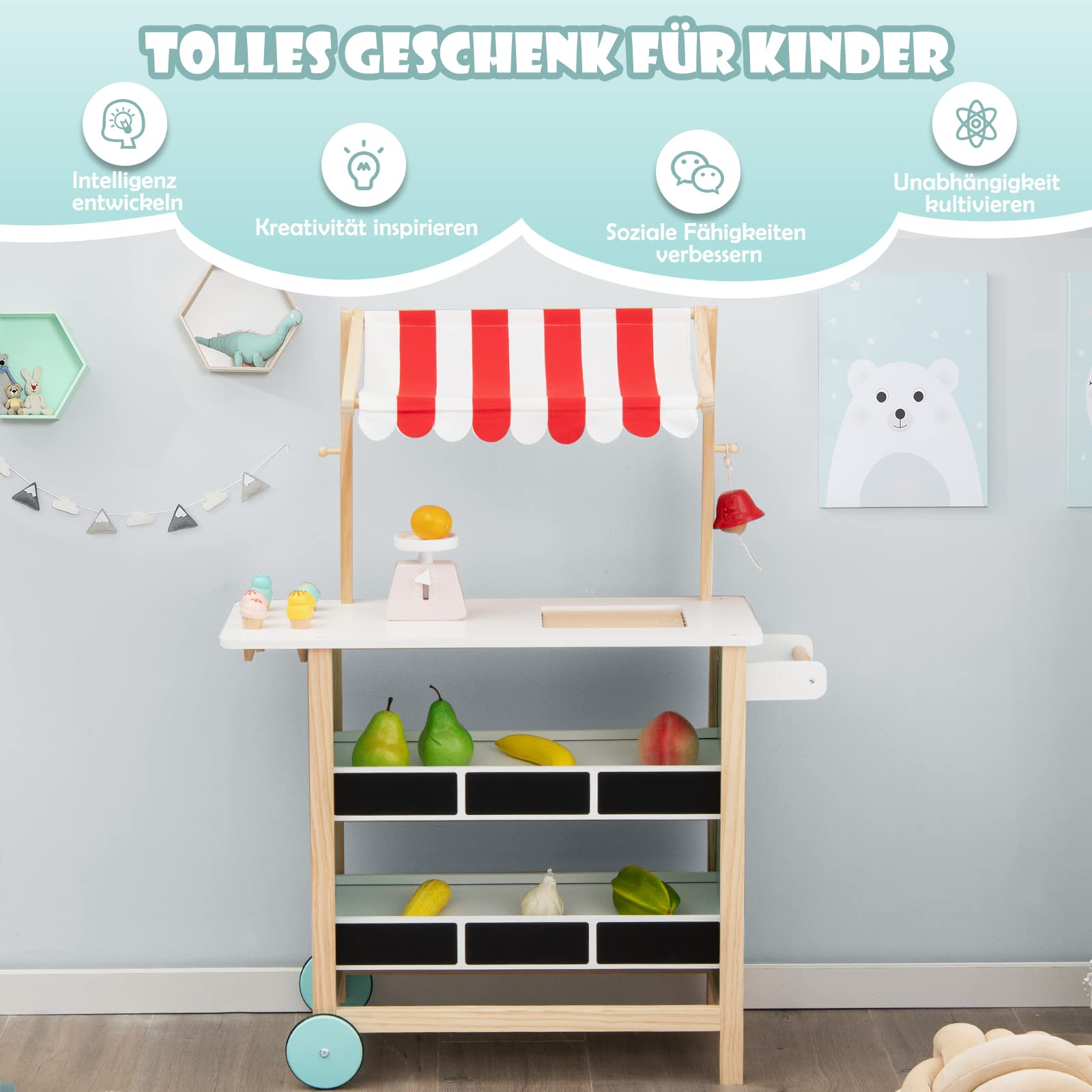 COSTWAY Kinder Eiswagen mit 6 Eiscreme, Kaufladen Holz mit 2 Ablagen, Einkaufswagen auf Rollen, inkl. Waage und Glocke, für Kinder ab 3 Jahrn (Rot)