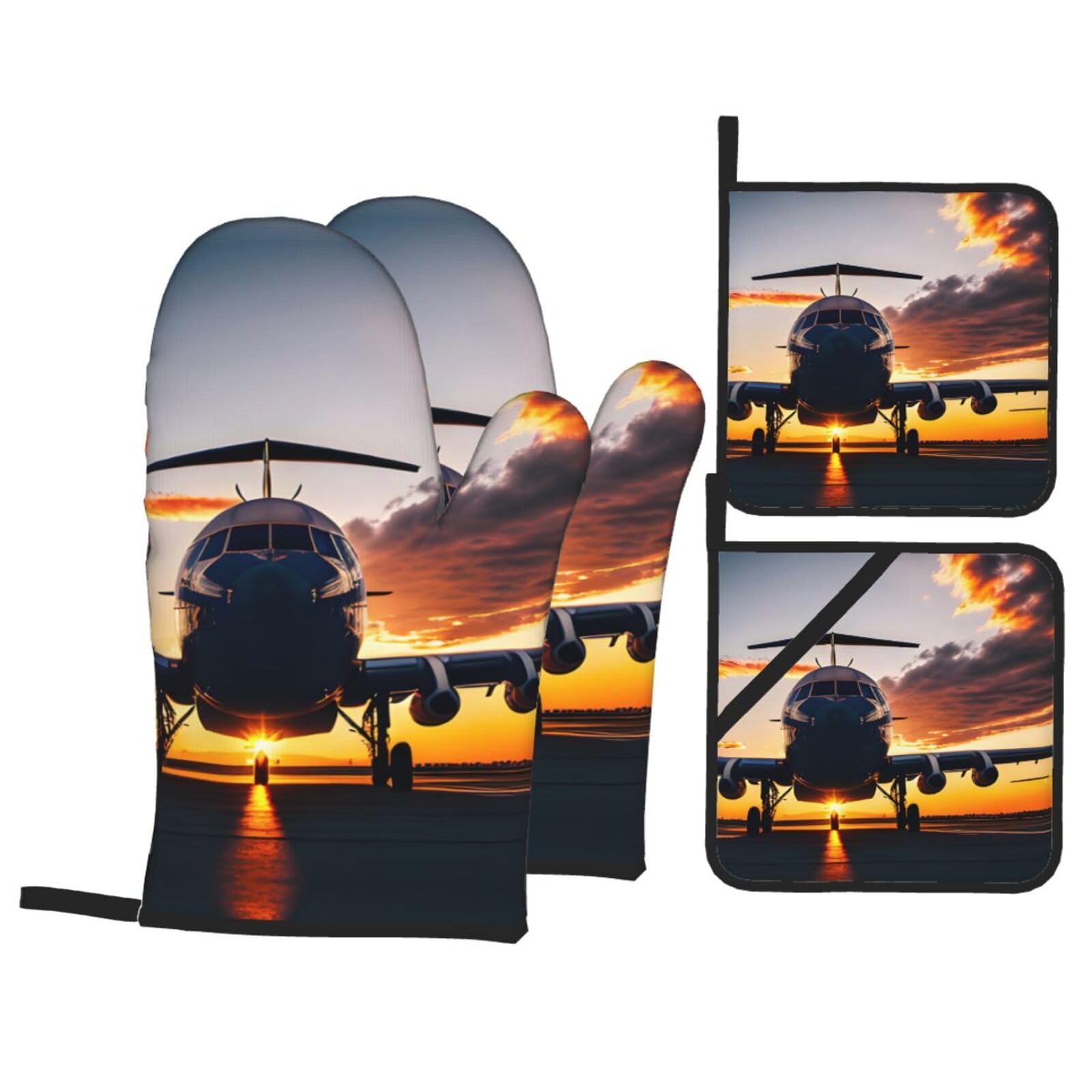 Aircraft Plane at Sunset Print Stylish 4-Piece Microwaving Oven Waterproof Kitchen Gloves Baking Holiday Cooking