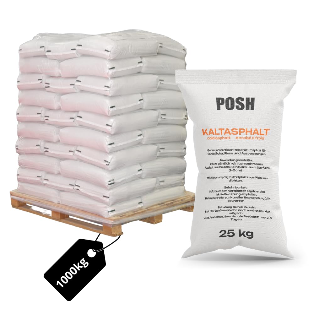 POSH Kaltasphalt 40x 25kg - Gebrauchsfertiger Asphalt-Reparatur-Rissfüller - mit einer Körnung von 0-8 mm - Bitumen-Anstrich - Universell einsetzbar