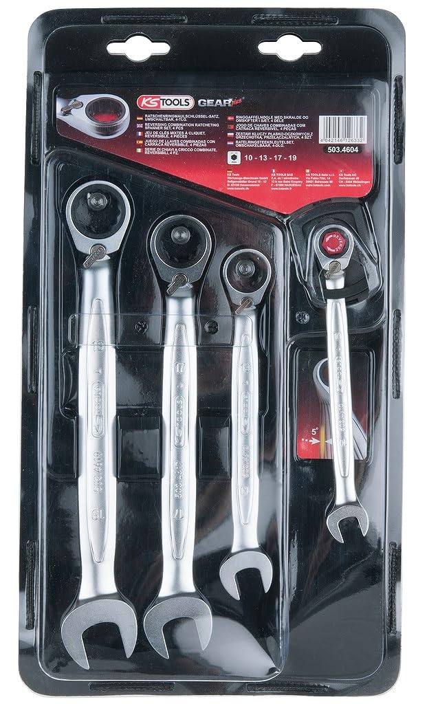 KS Tools 503.4604 GEAR+Zest kluczy plasko-oczk z grzechot. przelaczalnych, 4-szt, na zawieszkach