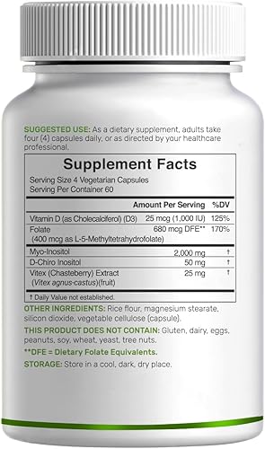 Miniatura 7 de Suplemento de mio-inositol y D-Chiro inositol para mujeres (40:1) | 2,050 mg por porción | 240 cápsulas vegetales | con folato, vitamina D3 y Vitex