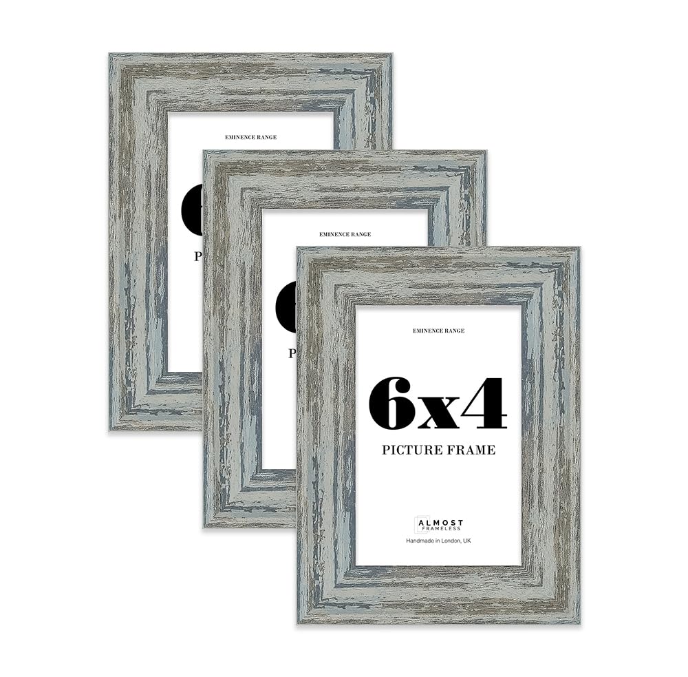 6x4" Distressed Blue Picture Frame - Rustic Wood Industrial Effect Photo Frame for Wall Display, Ideal for Posters, Prints & Home Décor, Wall Hooks and Kickstand, 32mm Edge - 3 Pack