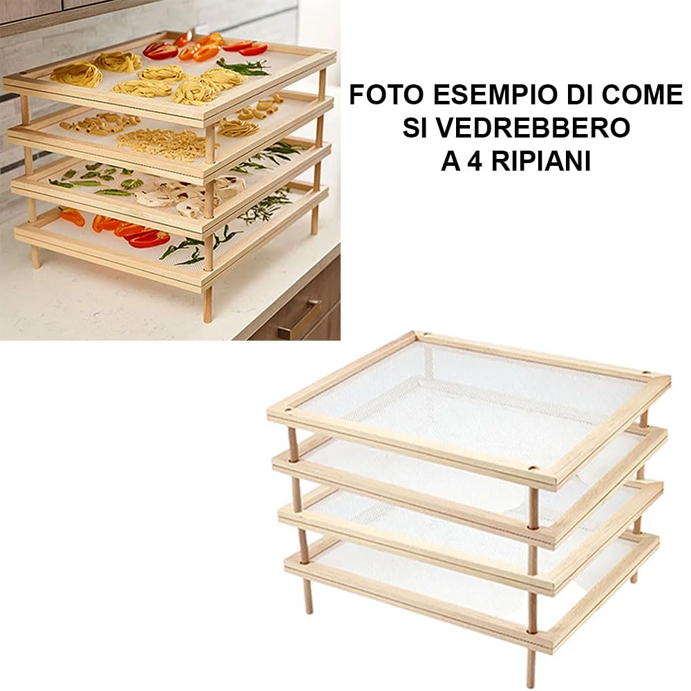 Set 2 Essiccatori impilabili sovrapponibili con telaio in legno e rete alimentare stendipasta per essiccare cibi alimenti pasta