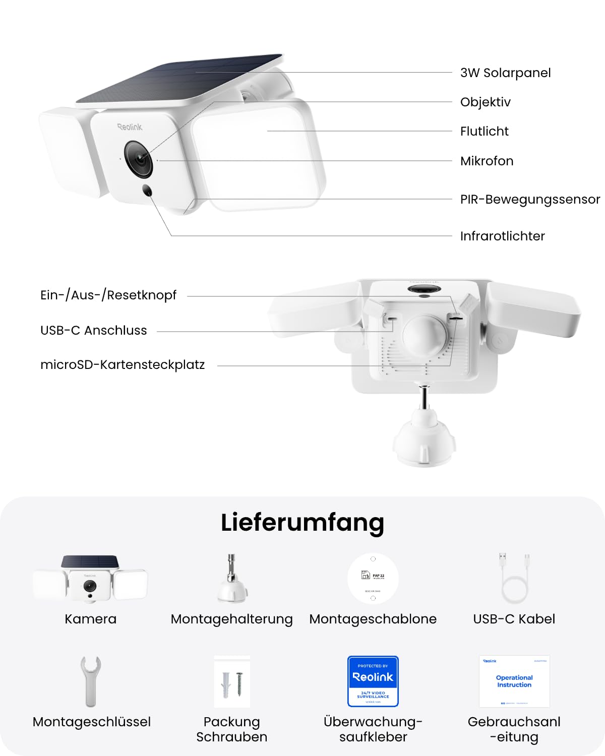 Reolink 2K Kabellose Flutlicht Kamera Akku, SolarEase, Farbnachtsicht | Überwachungskamera Aussen Solar mit 150°Ansicht &1000 lm Licht, KI-Erkennung, 2,4/5 GHz Wi-Fi 6, IP66, Solar Floodlight Cam