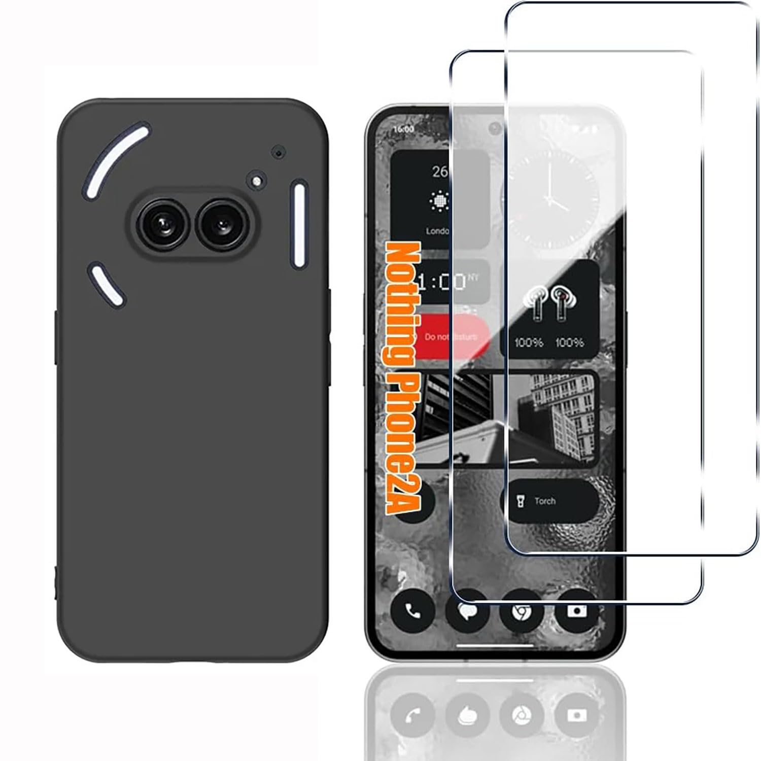 PUCHEN (1+2pcs) Case Compatible with nothing phone 2A Case Cover & (2Pcs) Screen Protector Tempered Glass Protector Soft TPU Transparent Cover(black) (Black)
