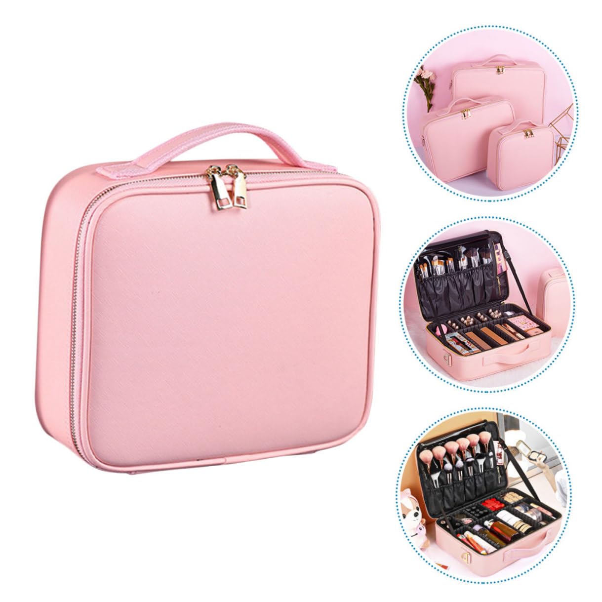 Borsa Cosmetica Grande in Pelle Pu Rosa con Divisori Regolabili | Organizer da Viaggio, Chiusura a Zip, Scomparti Rimovibili e Regolabili per Manicure e Truccatori Professionisti