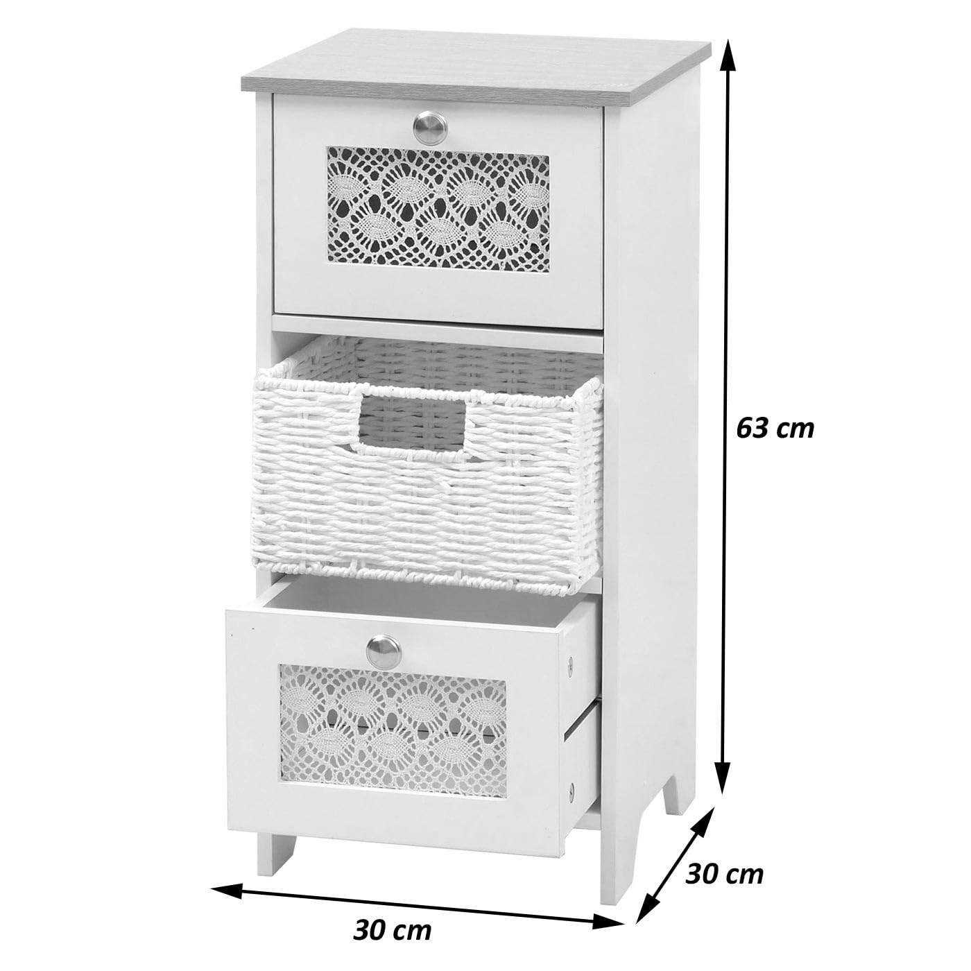 Mendler Comò HWC-O75, cassettiera, 3 cassetti a cestello decorativi legno melamina 63x30x30cm - bianco naturale