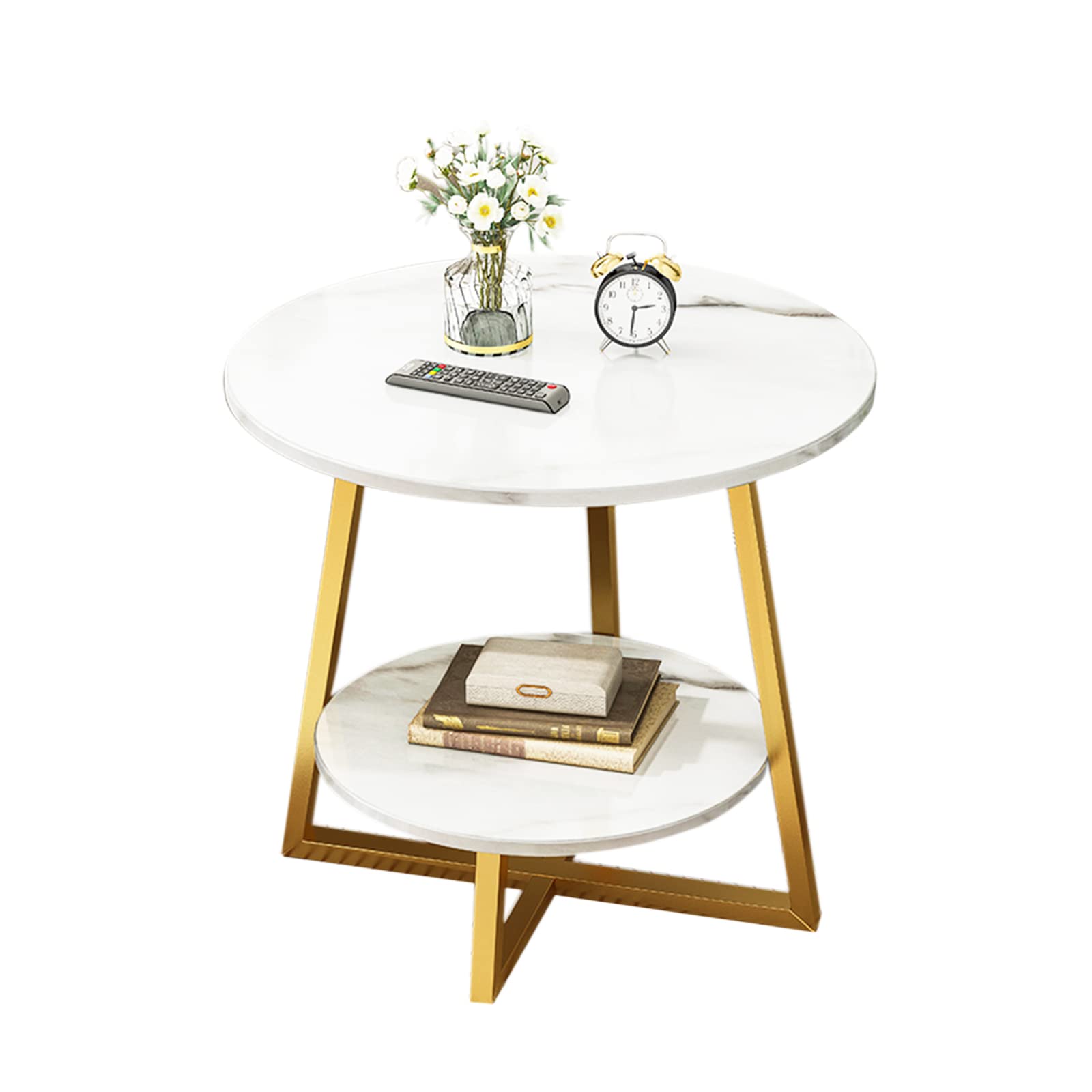 SHENGTIAN 2-Tier White and Gold Round End Table with Marble Texture MDF Top and Gold Metal Frame, Perfect for Small Spaces and Living Room or Bedroom Accent Side Table (24in,Gold)