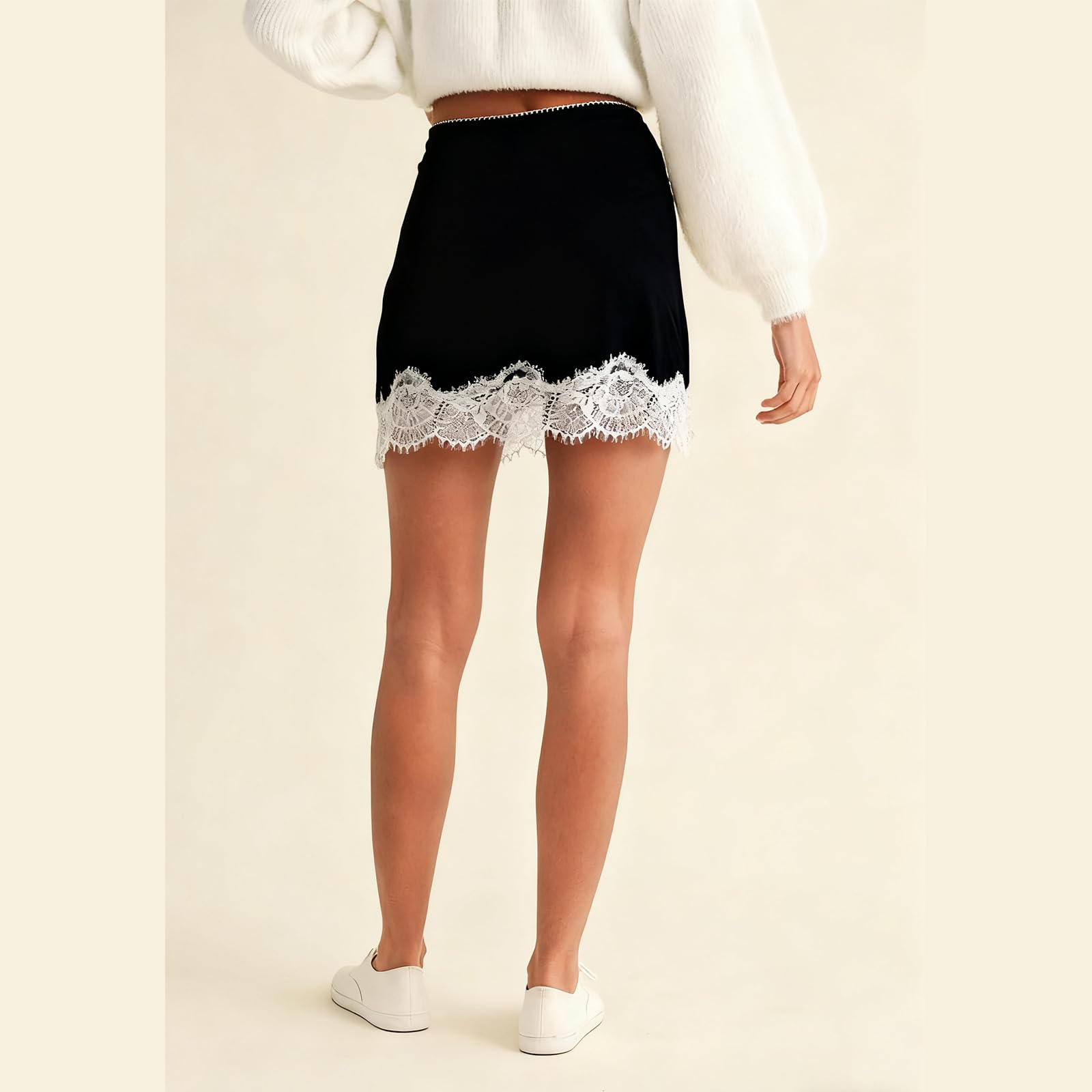 Sexy Outfit Damen-Halbslip aus Satin mit Spitzenbesatz, elastischer Taille, kurzer Unterrock, Petticoat für Unterkleider, weicher Slip-Rock in den britischen Größen 6–24