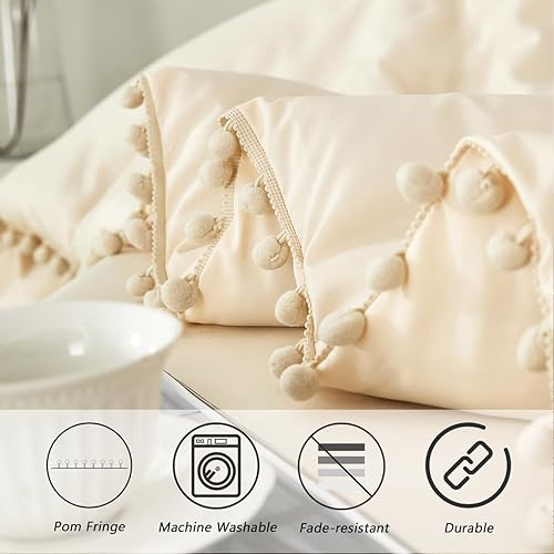 Miniatura 4 de PERFEMET Juego de edredón beige de 5 piezas, tamaño Queen, bohemio, con flecos y pompones, con sábanas, edredón ligero y suave, color crema en una
