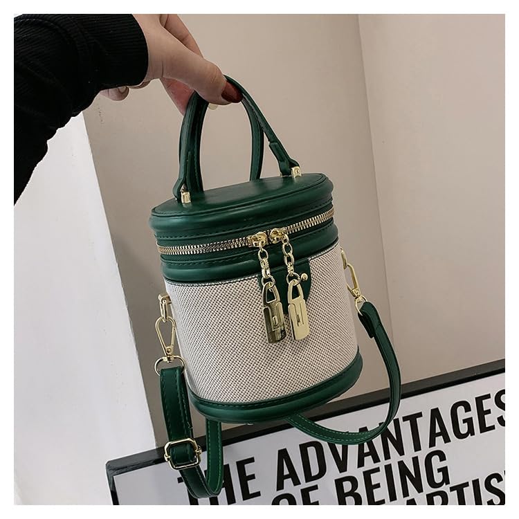 Image of Retro Bucket Bag Color Contrast Cylinder Purse | Senior Sense Style, Single Shoulder Crossbody, Zipper Closure, 4.7x6