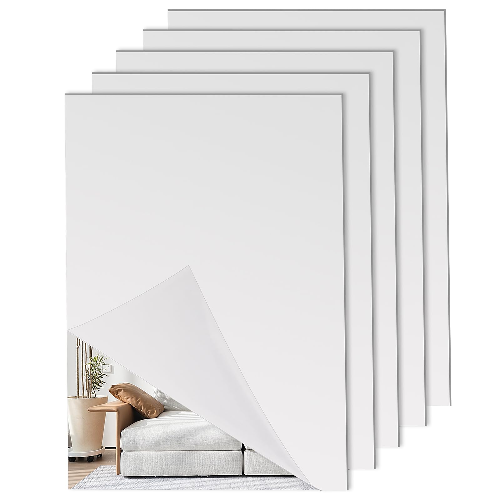 SEUNMUK 5 Pack Self Adhesive Mirror, 40 x 30 cm Non Glass 3mm Thick HD Acrylic Sheet, Plastic Sticky for Bedroom, Living Room, Hallway Decoration