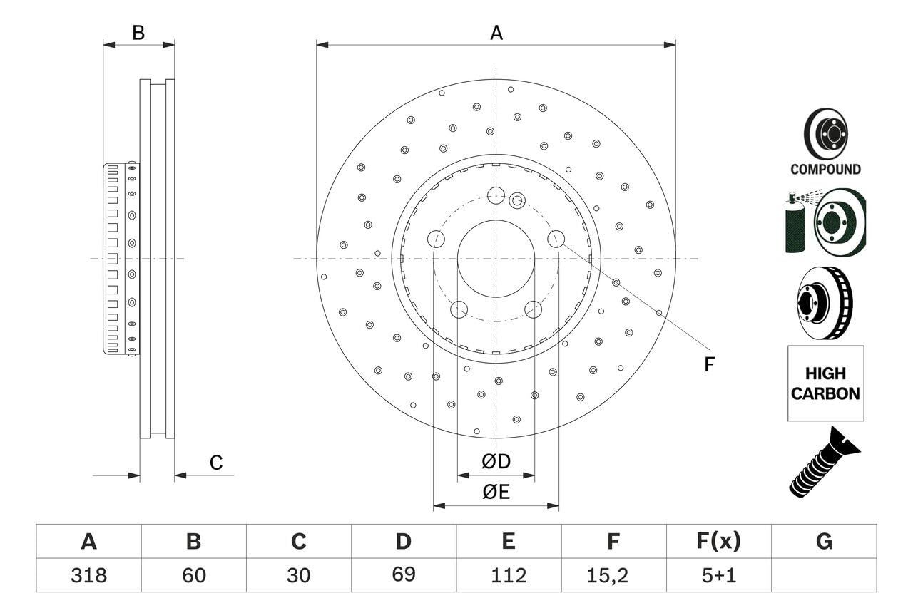 2x BOSCH Disco de freno Delantero Ø318mm Altura: 62,5mm Espesor: 30mm Corona de Agujeros - Ø: 112mm perforado disco de freno de dos piezas ventilado 0 986 479 H37 Compatible con MERCEDES-BENZ