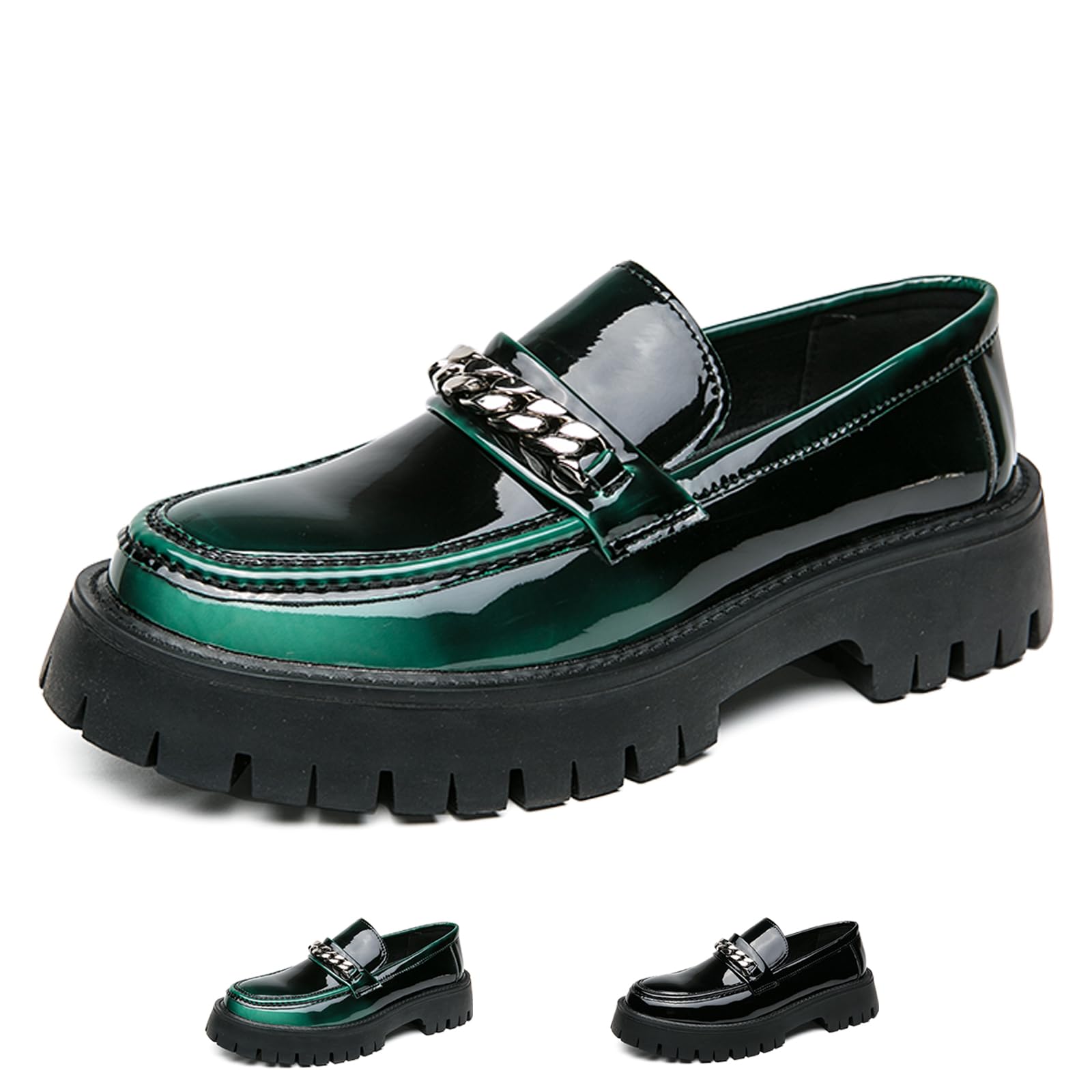 Mens Patent Leather Platform Slip-on Loafers Fashion Round Toe Metal Decoration Non-Slip Thick Sole Business Dress Shoes Causal