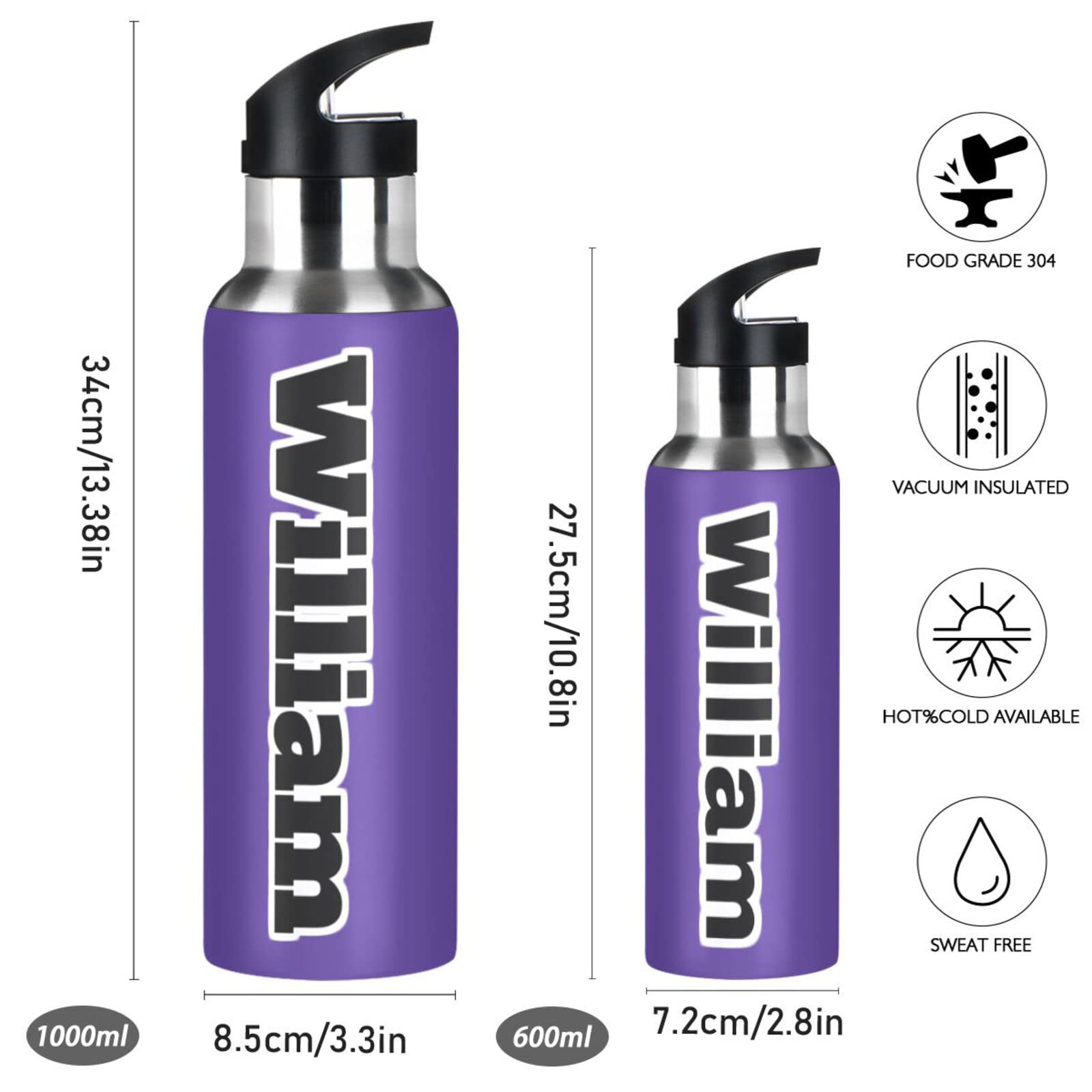 Isolierflasche mit Griff, 900 ml, Dunkelviolett, auslaufsicher, mit Strohhalm-Deckel, Thermoflasche für Wandern, Radfahren, BAP-frei
