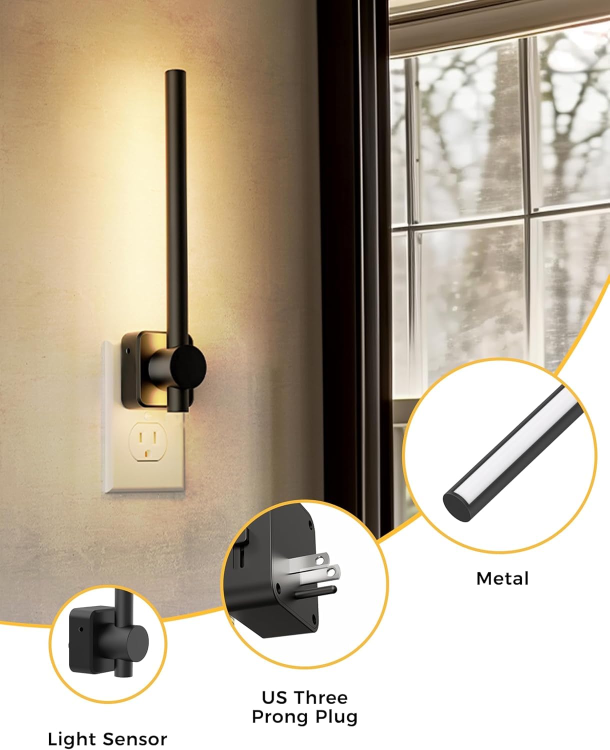Lampki nocne LED podłączane do gniazdka ściennego, 0-200 lm, czujnik zmierzchu do świtu, 2 W, ściemnialne, miękka biel 3000 K, standard amerykański, nowoczesne oświetlenie do lustrzanej toalety