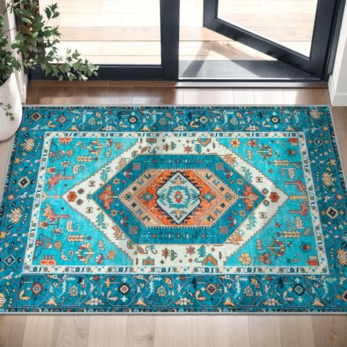 SERISSA Boho Rugs for Entryway, 2x3 Blue Entryway Rug Non-Slip Washable Small Area Rug, Ultra Soft Oriental Vintage Low-Pile Indoor Door Mat Floor Carpet for Entrance Bedroom Kitchen Bathroom