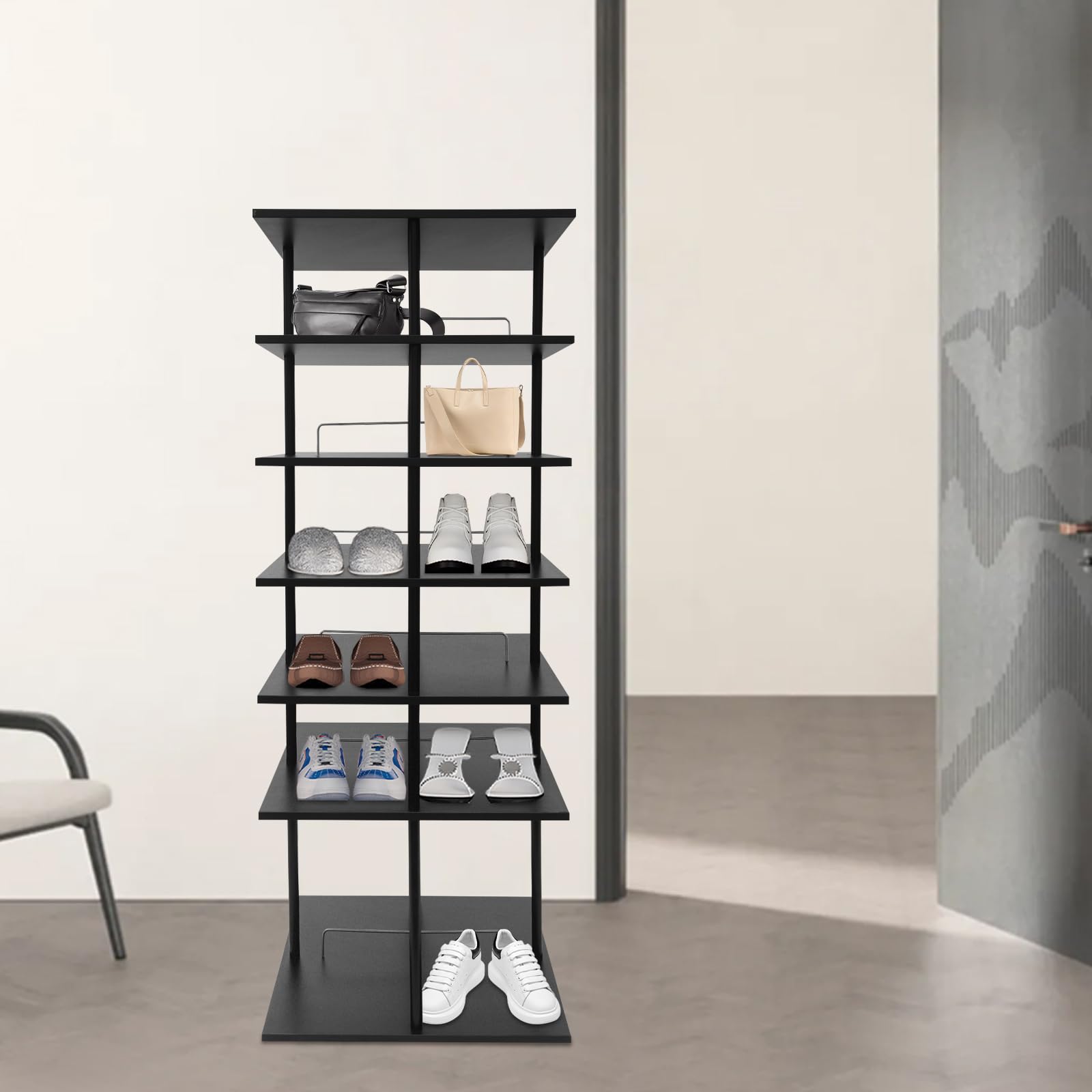 Drehbares Schuhregal 6 Ebenen, 360° Rotierender Schuhständer, Metall & Holz, Jede Ebene passen für 4 Paar Schuhe,Platzsparendes Aufbewahrungsregal,Für Flur, Schlafzimmer & Wohnzimmer, 57x57x155cm