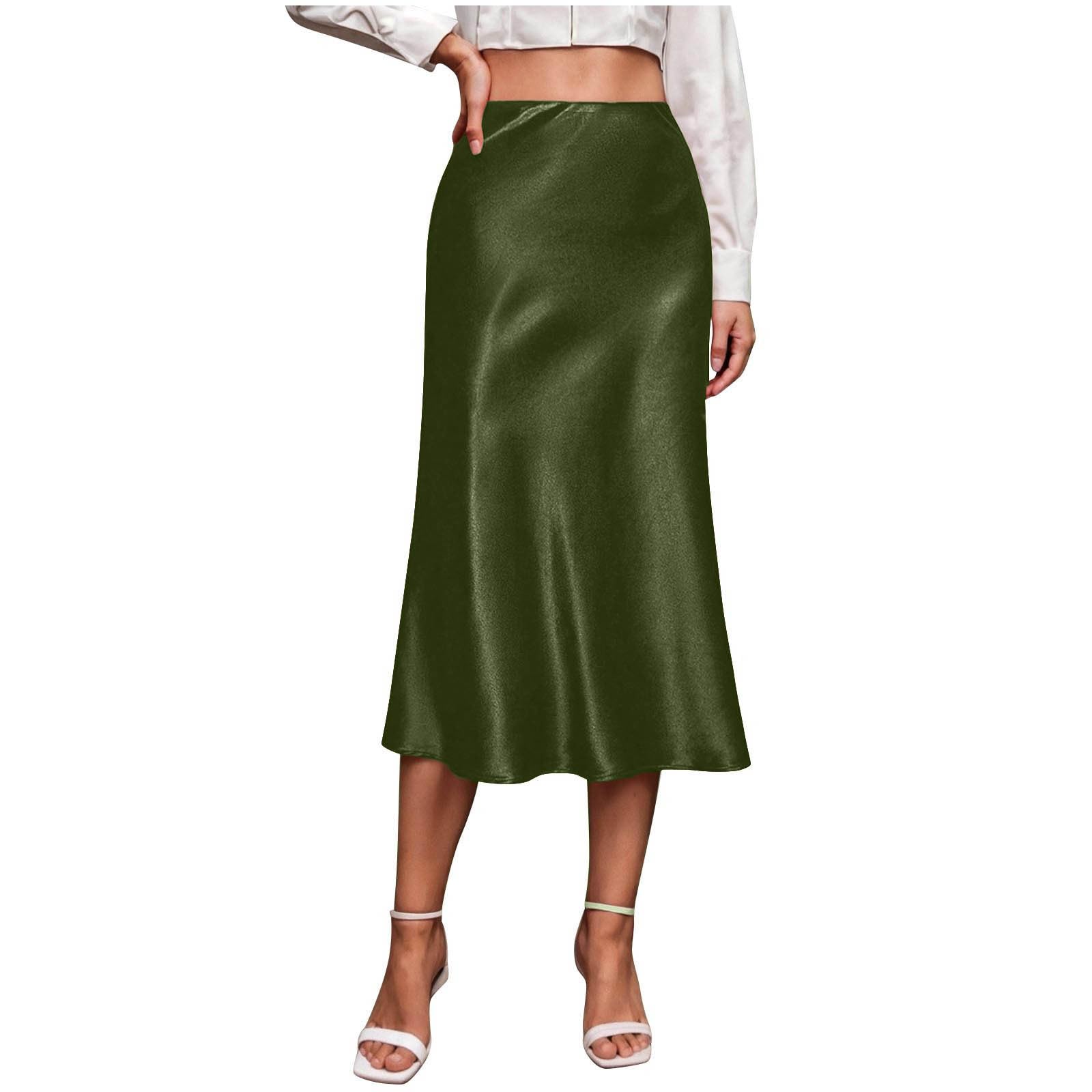 Womens Satin Midi Skirt with Side Zipper - Solid High Waist Slip Skort, Elegant Knee-Length Silk Skirt for Dinner — view 10