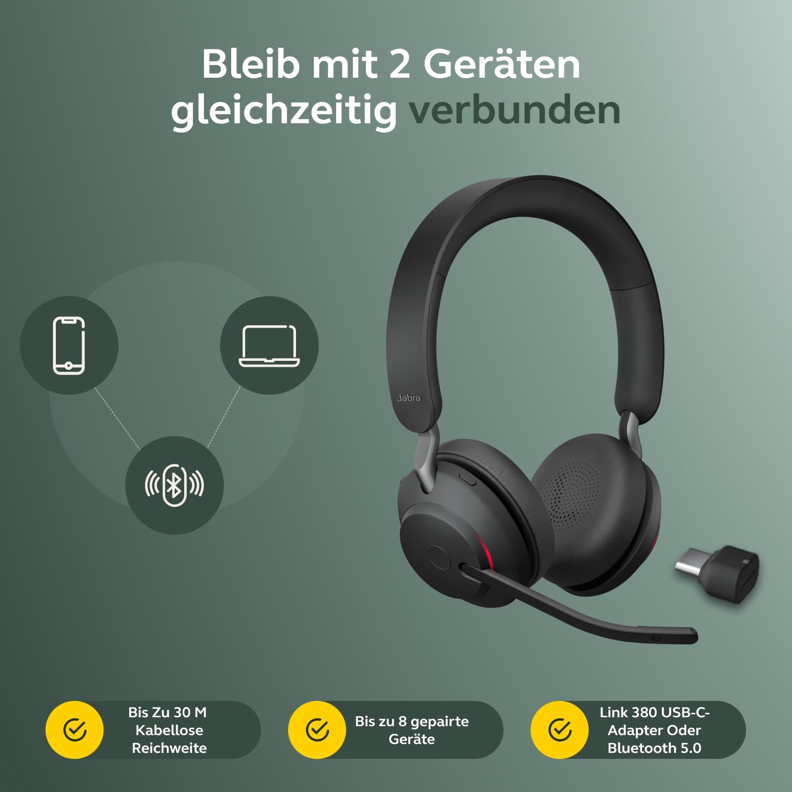 Jabra Evolve2 65 Wireless PC Headset with Charging Stand – Noise Cancelling UC Certified Stereo Headphones with Long-Lasting Battery – USB-C Bluetooth Adapter – Black