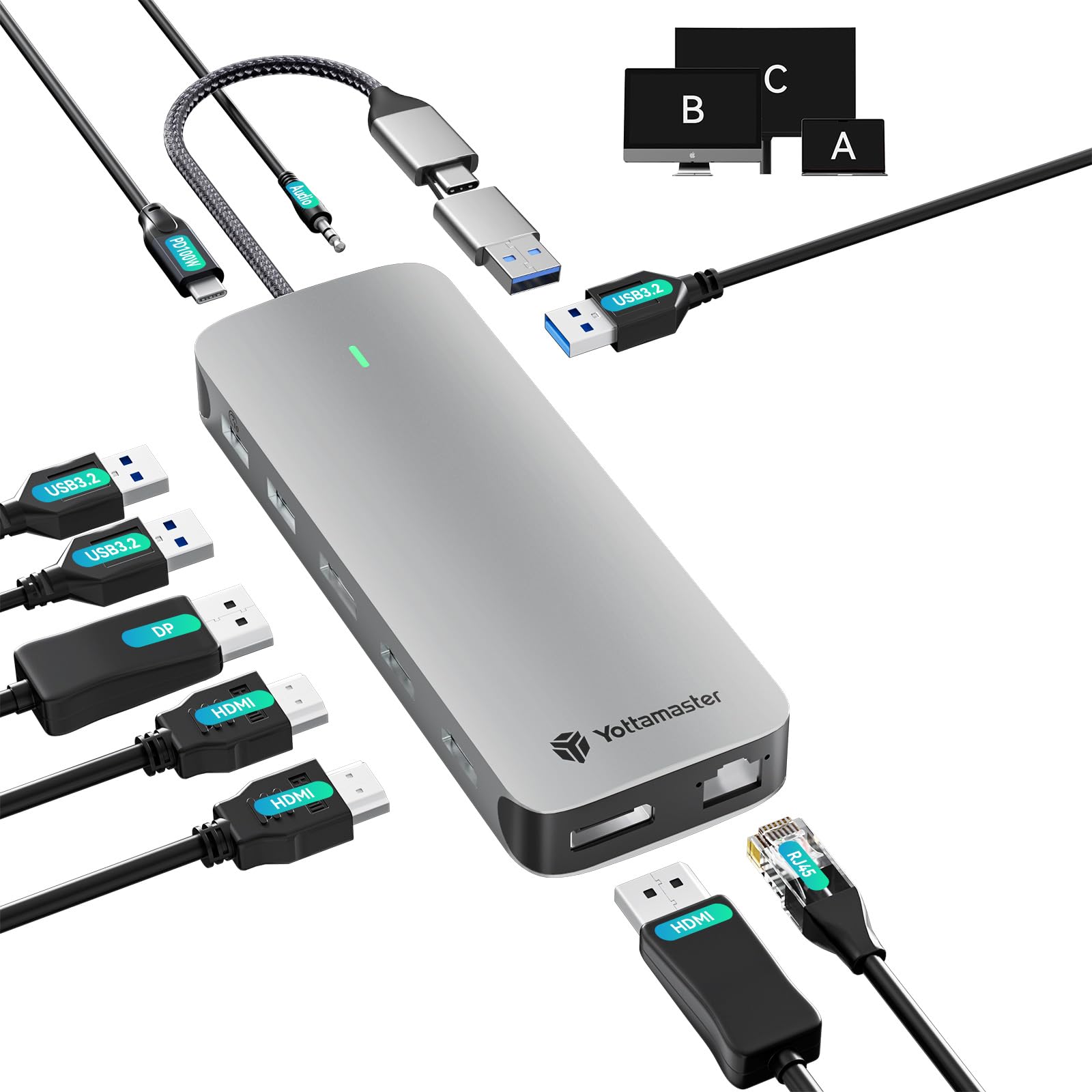 YottamasterDisplaylink Docking Station Dual Monitor 4K 60Hz for PC/Laptop Displaylink Dock with 2 HDMI & 2 DisplayPort 4K 60Hz, PD 100W, 3 USB3.2 10Gbps, RJ45