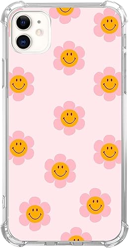 Funda para teléfono con diseño de flores sonrientes retro compatible con iPhone 12  iPhone 12 Pro, bonita funda rosa con margaritas sonrientes para