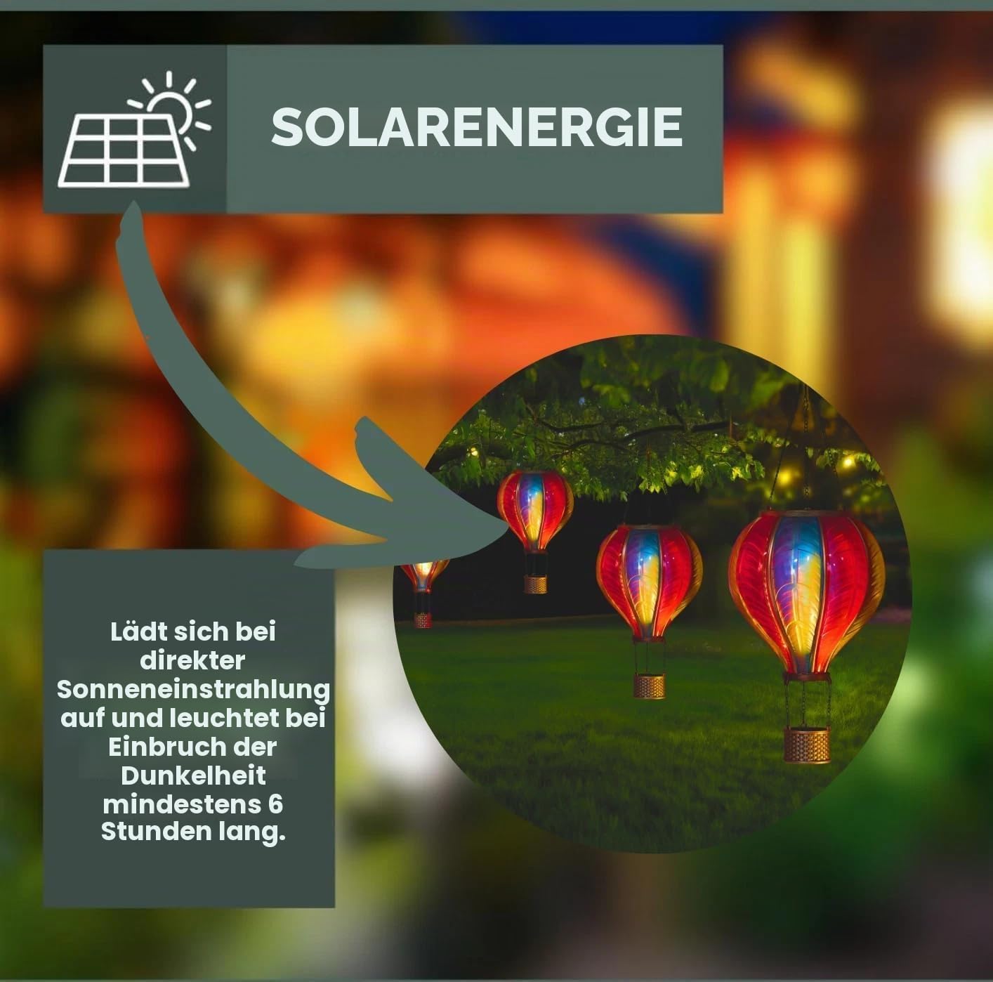Garden Mile Solar Heißluftballon Laterne 80cm - LED Flammeneffekt Hängende Gartenleuchte mit Multicolor Glaseffekt, Solarbetriebene Außenlaterne für Garten, Terrasse & Baumdekor