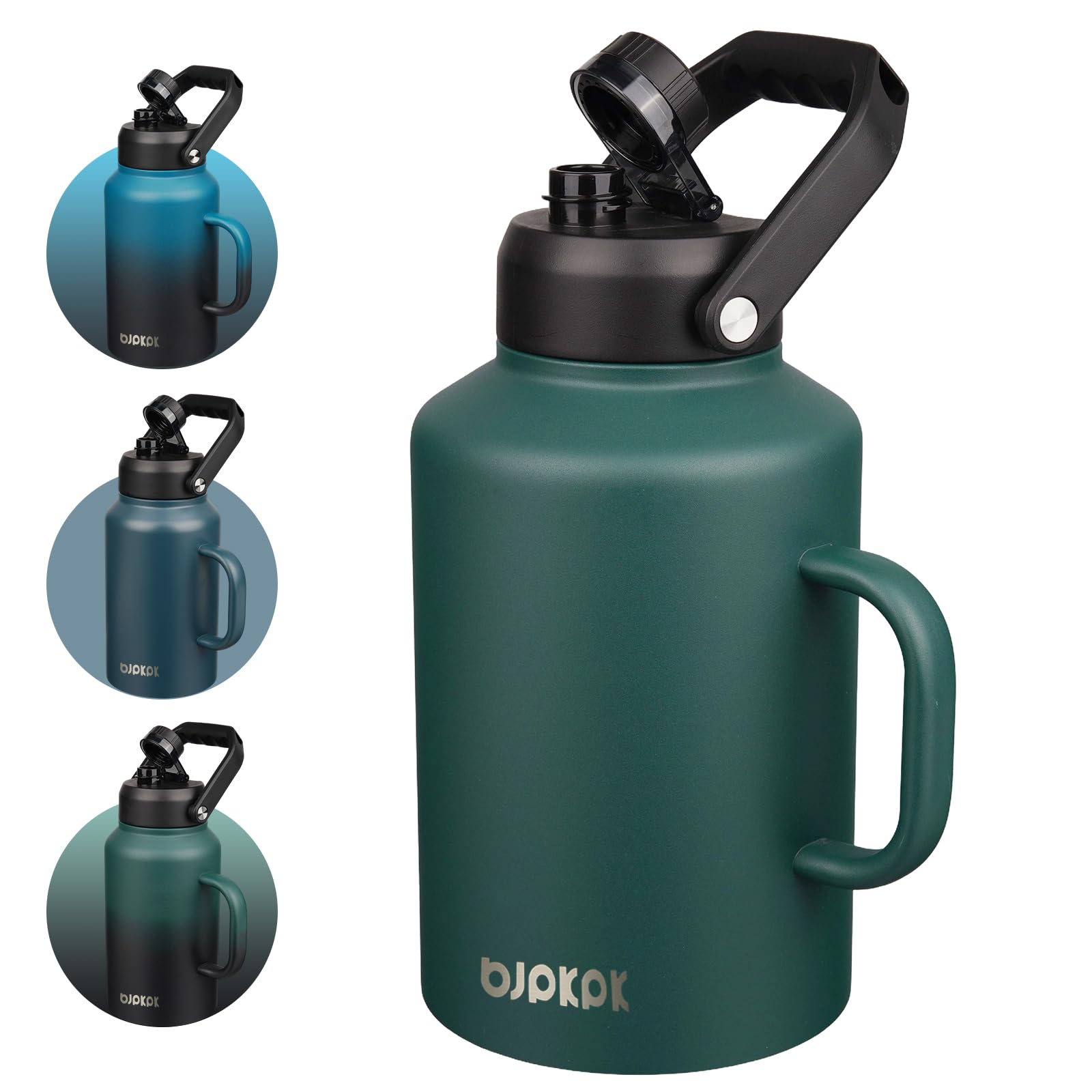 BJPKPK 1 Gallon Water Bottle with Handle, Large Dishwasher Safe 128oz Insulated Water Bottle, BPA Free Water Jug, Wide Mouth Metal Water Bottle with Anti-slip Bottom, Keep Cold & Hot,Army Green