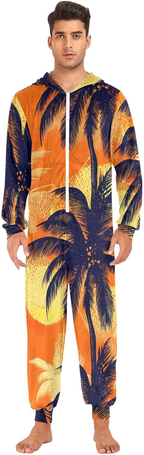 GAIREG Palm Tree Orange Onesie Pajamas Men Women, Soft One-Piece Pajama Jumpsuits