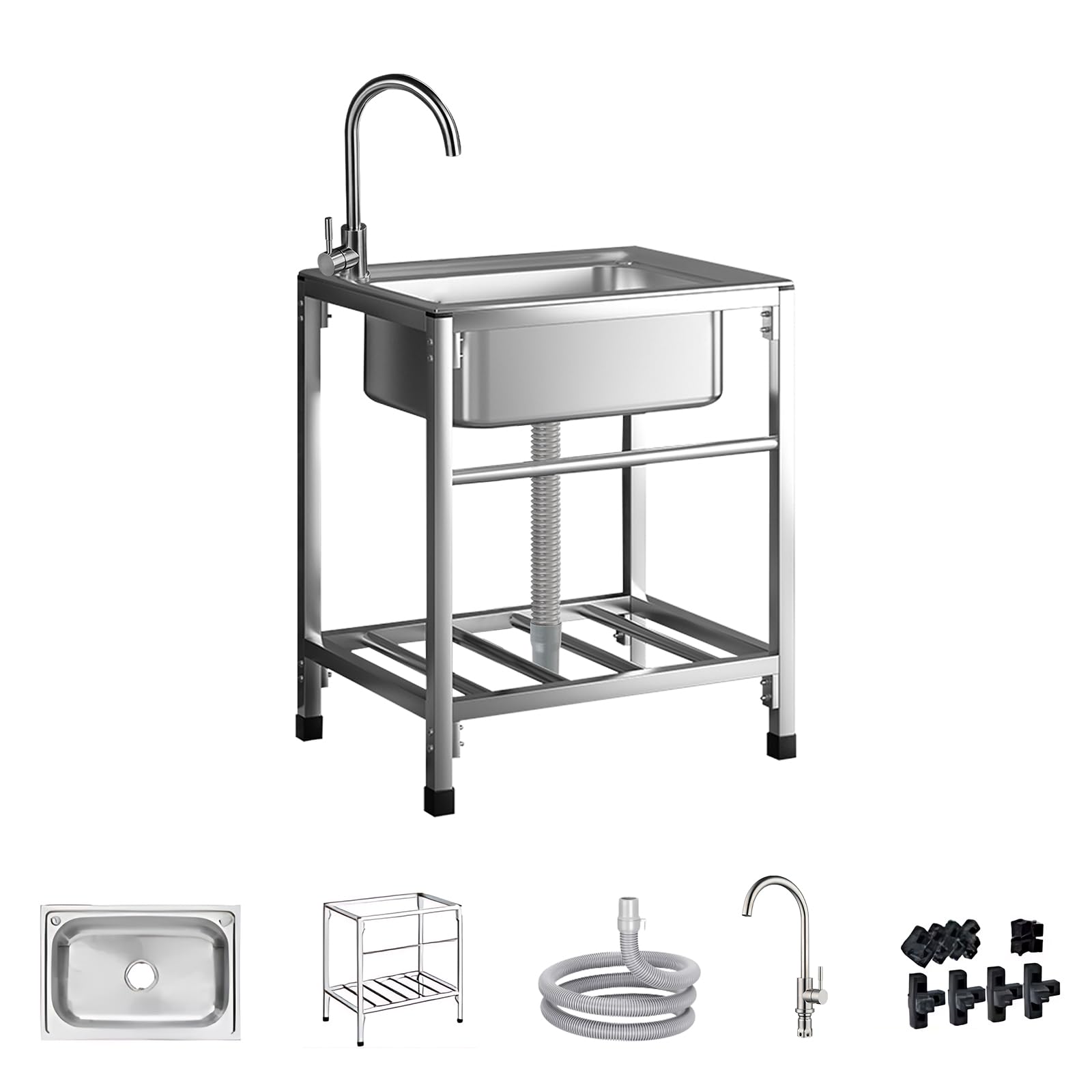 TAXXII Single Bowl Sinks, Free Standing Stainless Steel Sink Prep Utility with Faucet Sinks Portable Kitchen for Restaurant Laundry Bar Outdoor and Indoor 52X38cm