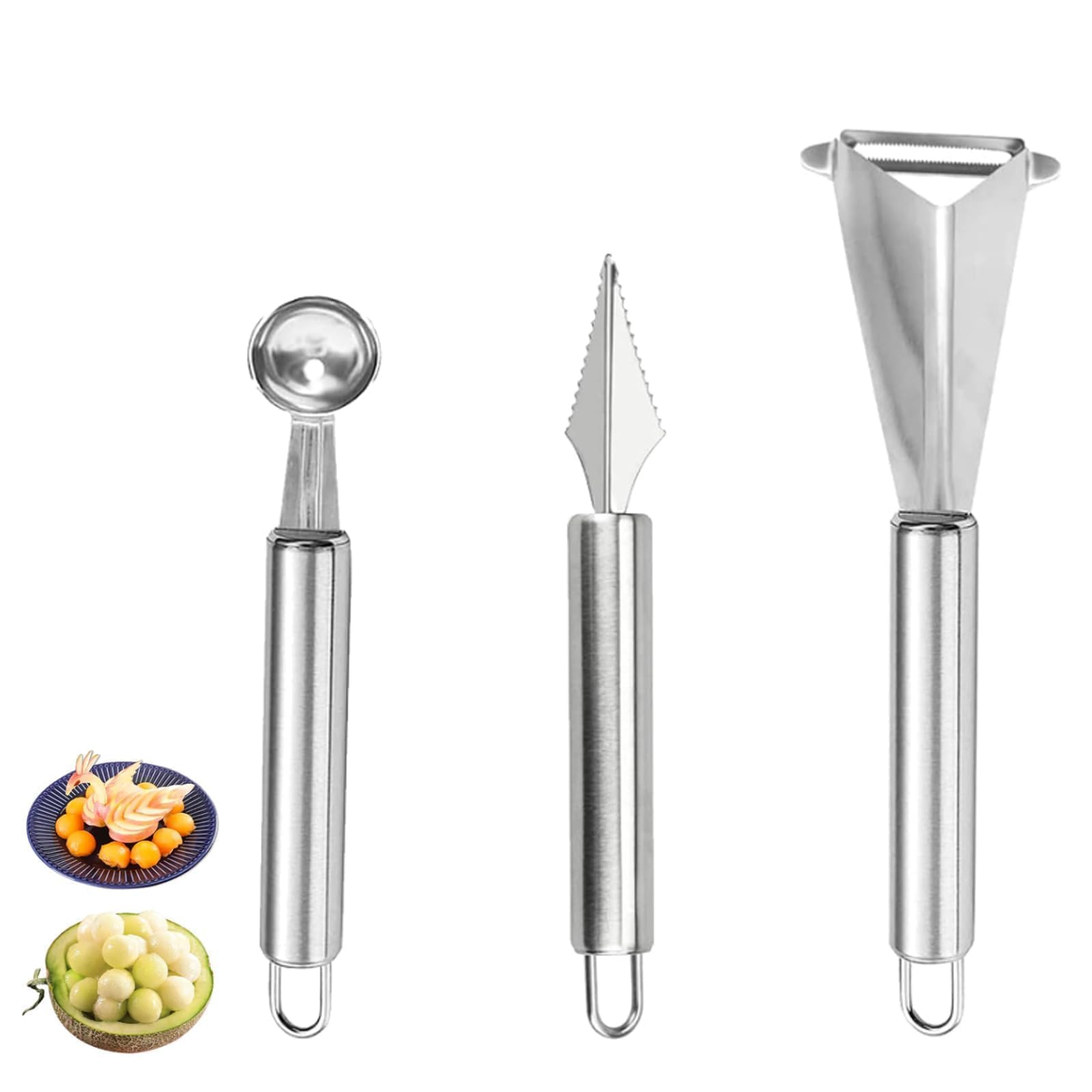 3 Pièces Outils À Fruits Pousse-Pomme Cuillère À Boule De Melon Couteau De Sculpture En Acier Inoxydable Pour Creuser Et Sculpter Des Fruits, Cuisine Maison
