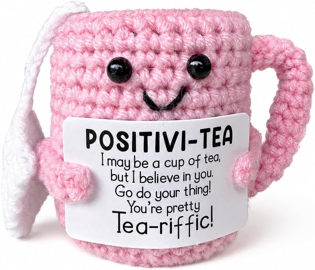 Crochet Tea Cup Keepsake with Encouragement Card, Handmade Knitted Tea Mug Ornament, Positive Desk Decor Gift for Women, Friends and Coworkers, Pink Decorative Accent