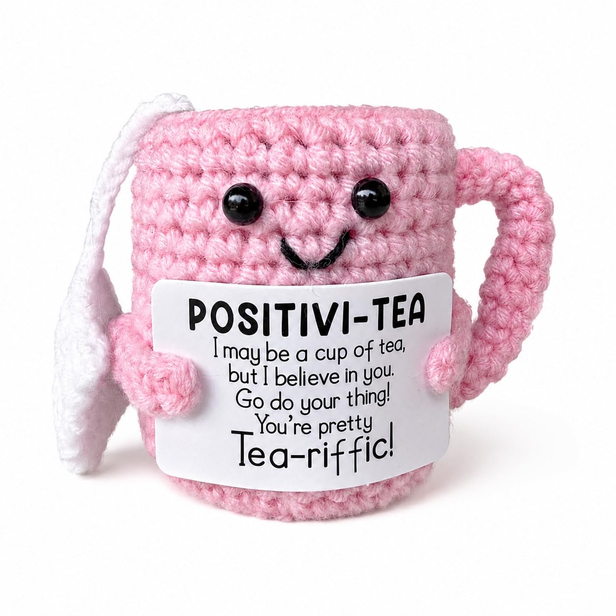 Swjing Women's Tea Cup Crochet Keepsake With Encouragement Card, Handmade Knitted Tea Mug Ornament, Positive Desk Decor Gift For Friends And Coworkers, Pink Decorative Accent