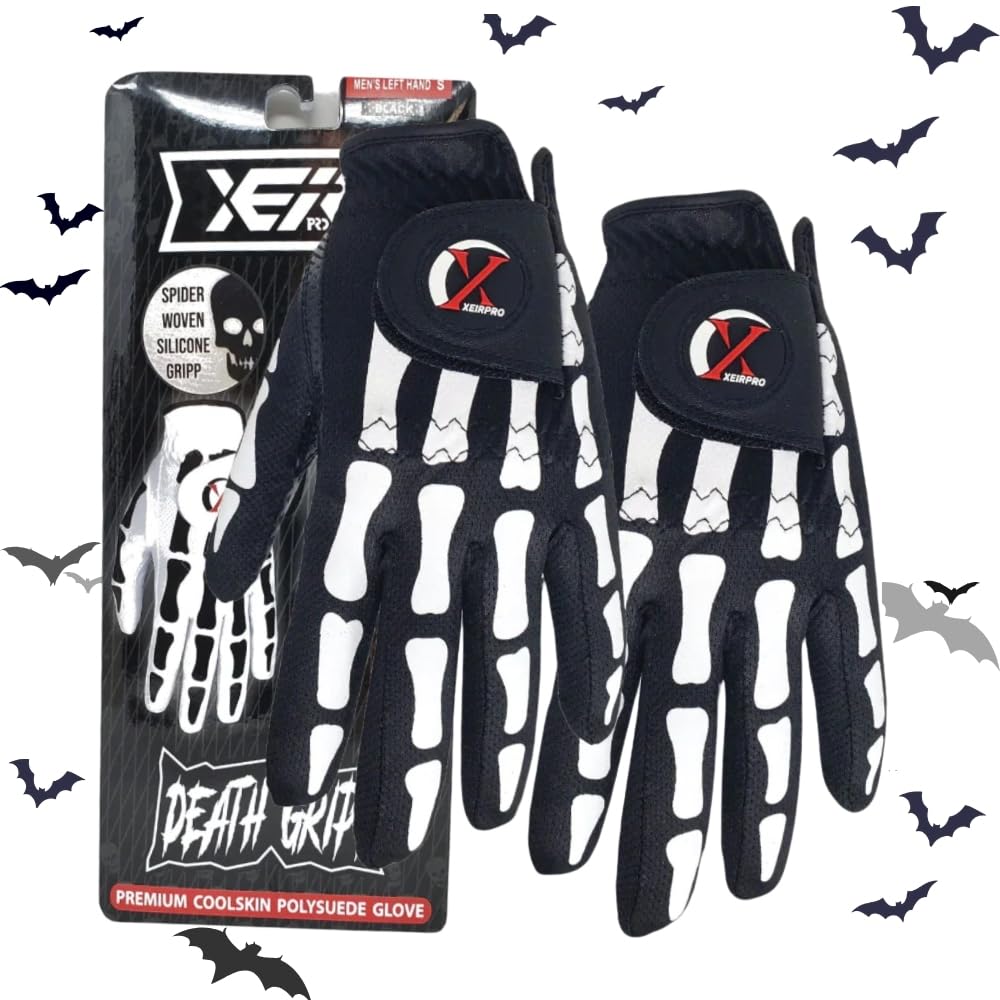 XEIRPRO Skeleton Death Grip Golf Gloves for Men Spooky & Funny Golf Gloves for Men Cool & Tacky Golf Glove 2 Pack - Perfect for Summer & Fall Golfing