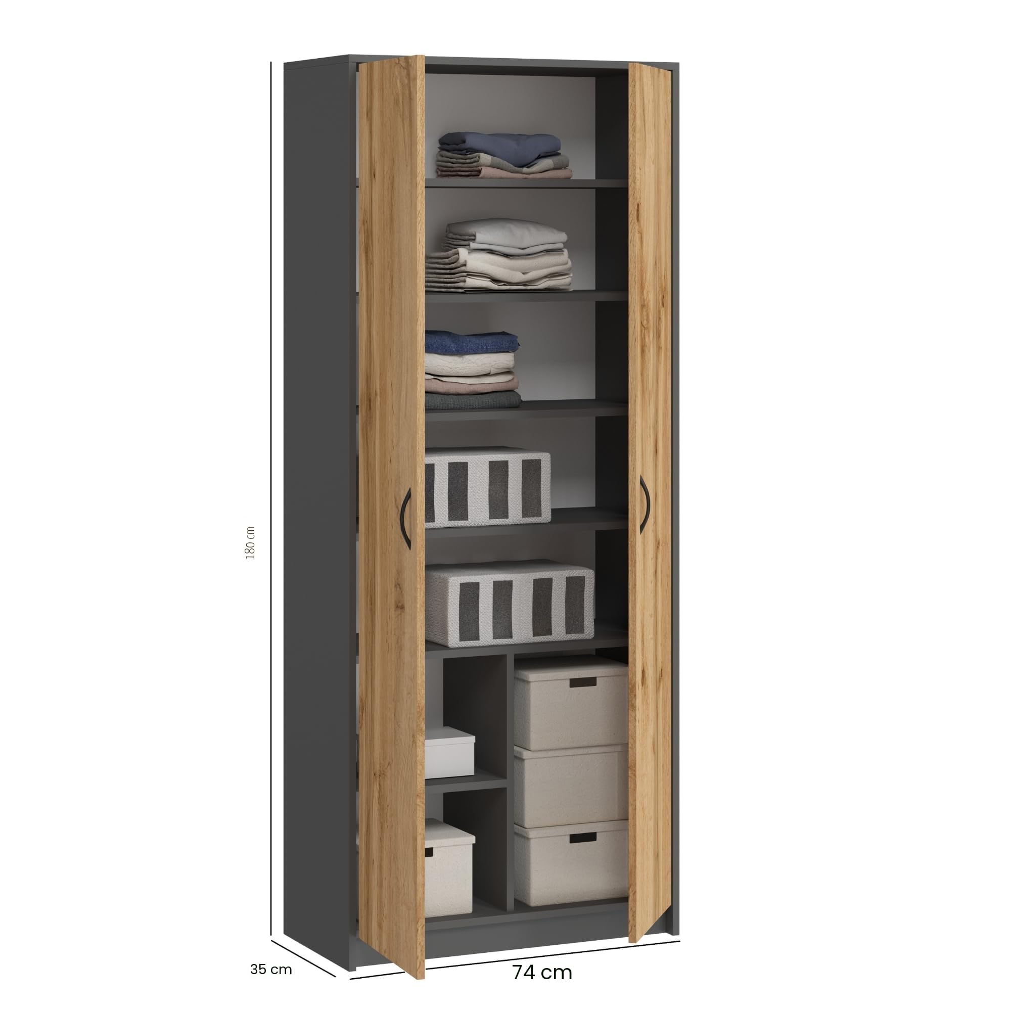 Home Collective Armoire Multi-usages Anthracite-chêne 74 cm L x 180 cm H avec 6 étagères et Compartiment supplémentaire, Rangement en Bois pour Chambre, Bureau ou Couloir