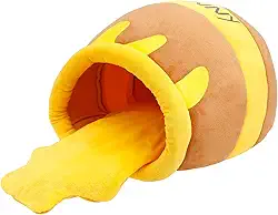 Cama para gatos com pote de mel, ninho macio e grosso de flanela para animais de estimação com almofada removível e lavável, 360° à prova de vento e quente, cama de caverna semifechada para