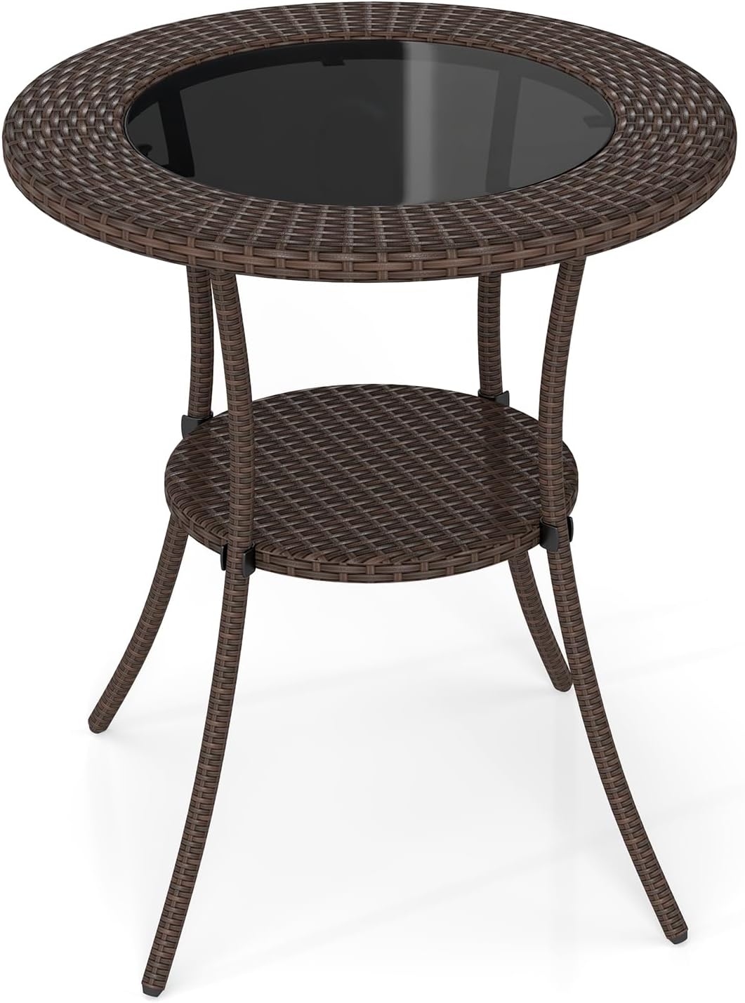 Tangkula 25.5" Wicker Patio Dining Table, Outdoor Round Bistro Side Table with Tempered Glass Top and Storage Shelf, for Balcony, Garden and Backyard