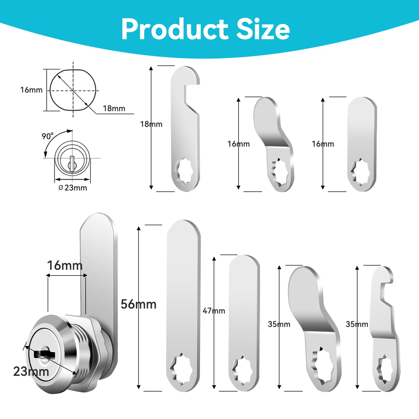 AiQInu Cerradura Buzon 16mm, Cerradura de Leva Universal de Seguridad de Buzón con 2 llaves, Viene con 7 Placas de Bloqueo Diferentes para Puerta de Armario, Buzones, Vitrinas
