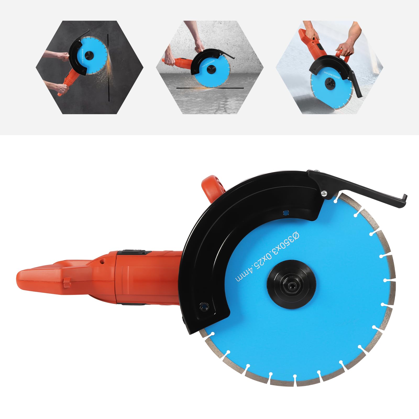Elektryczna piła do betonu 3000 W z tarczą diamentową 35 cm, głębokość cięcia 13,5 cm, obrotowy uchwyt, bezpyłowe cięcie na mokro, silnik z czystej miedzi, do betonu, muru i płytek
