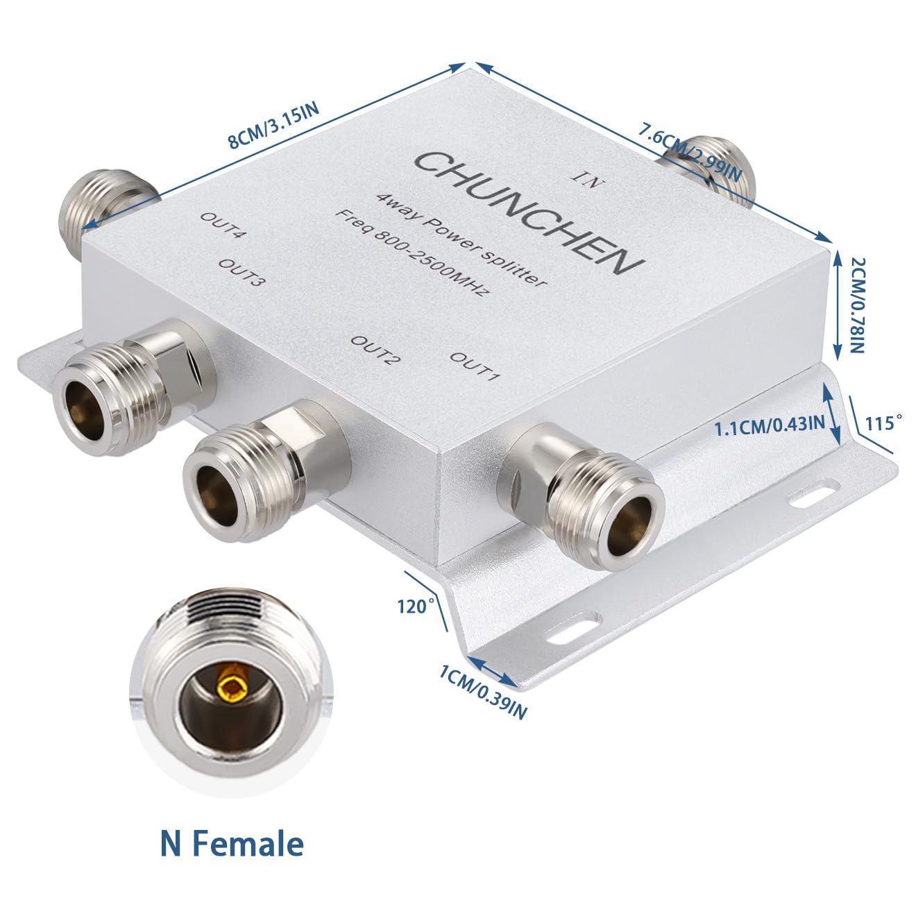 Conector N hembra de 4 vías, divisor de potencia de 50 ohmios, divisor de señal de 800 MHz-2500 MHz, divisor de señal de cable, 1 entrada y 4 salidas para cable de antena